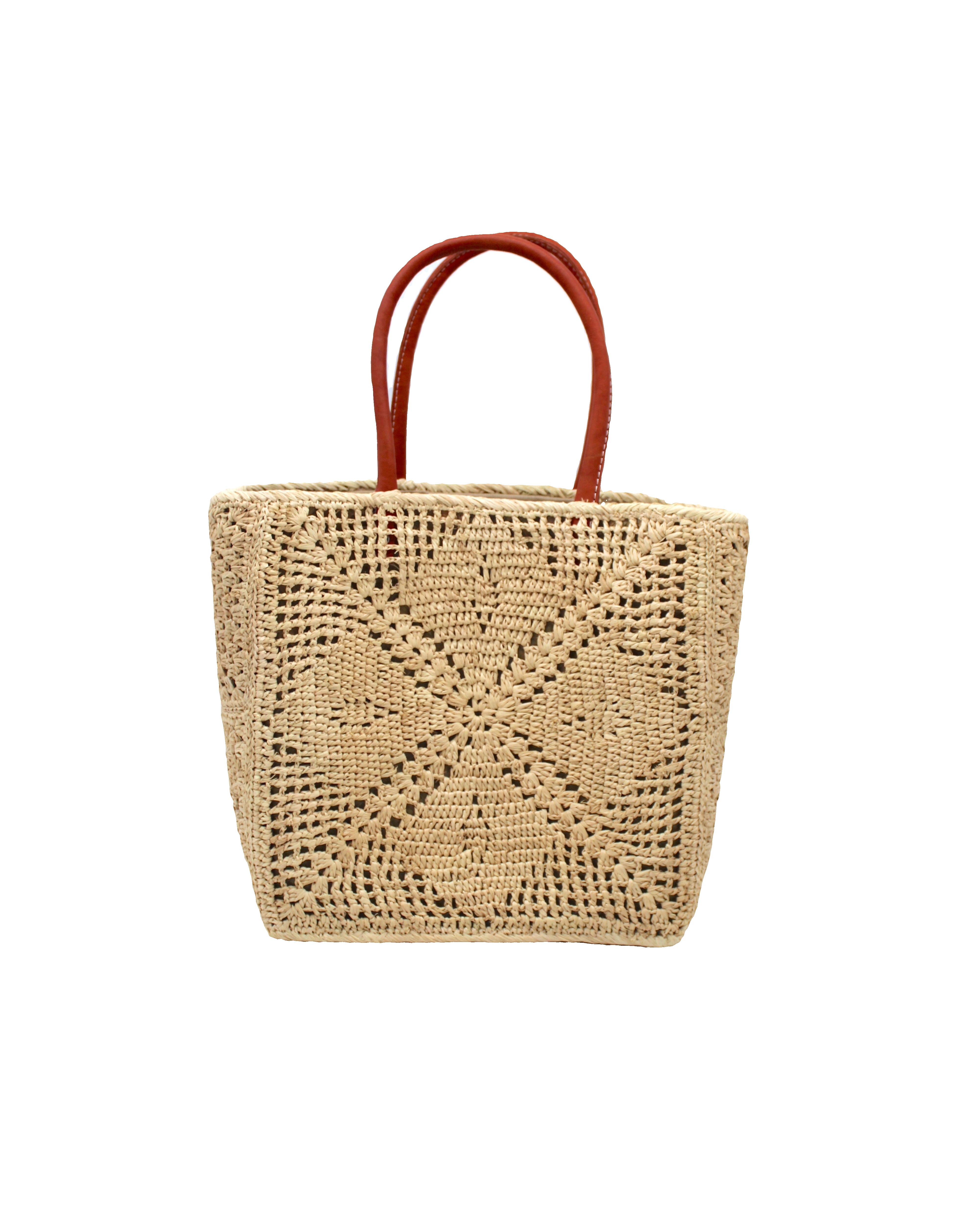 Cheval Lace Square Pattern Crochet Straw Basket Bag handmade from natural raffia palm fiber in a lace square geometric diamond pattern with triangle detailing textile in a natural straw color with leather handles handbag purse beach bag tote- Shebobo