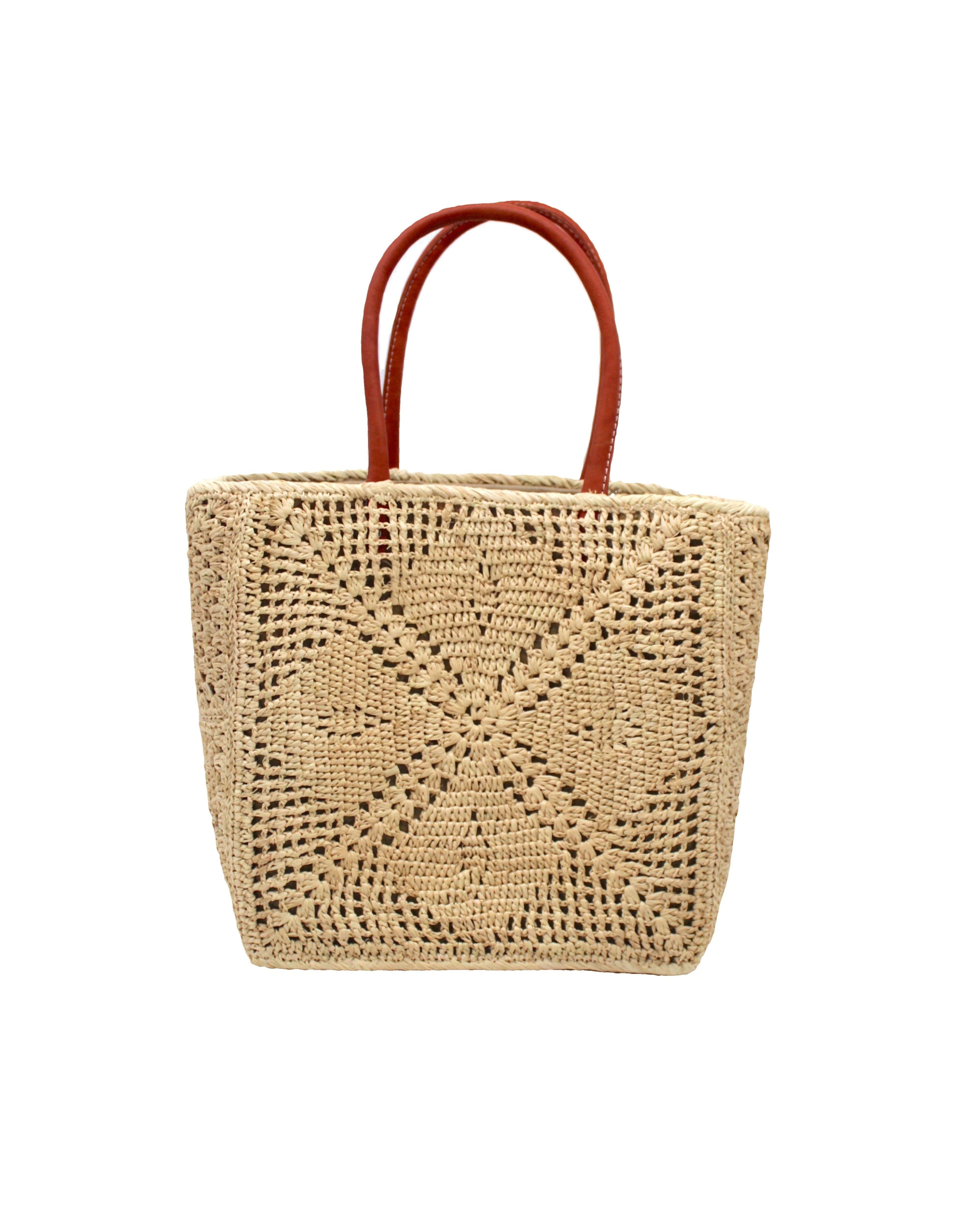 Cheval Lace Square Pattern Crochet Straw Basket Bag handmade from natural raffia palm fiber in a lace square geometric diamond pattern with triangle detailing textile in a natural straw color with leather handles handbag purse beach bag tote- Shebobo