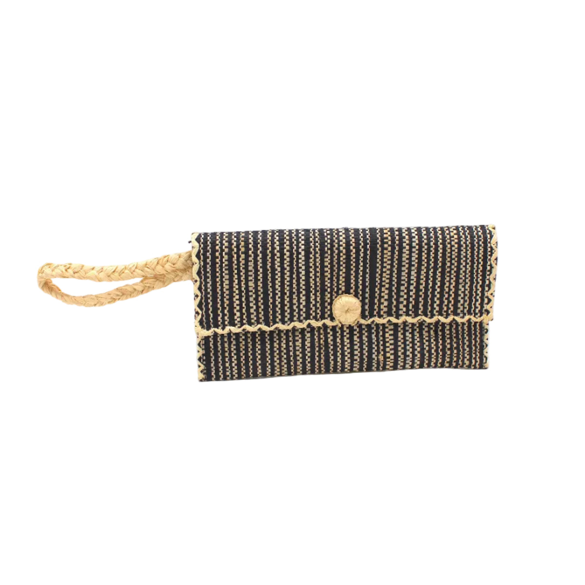 ChiChi Two Tone Melange Multicolor Straw Clutch Bag handmade loomed raffia palm fiber wristlet in vertical heathered/blended stripe pattern of black and natural straw color with matching color cross stitch edging, button & loop closure, and braided wrist strap - Shebobo