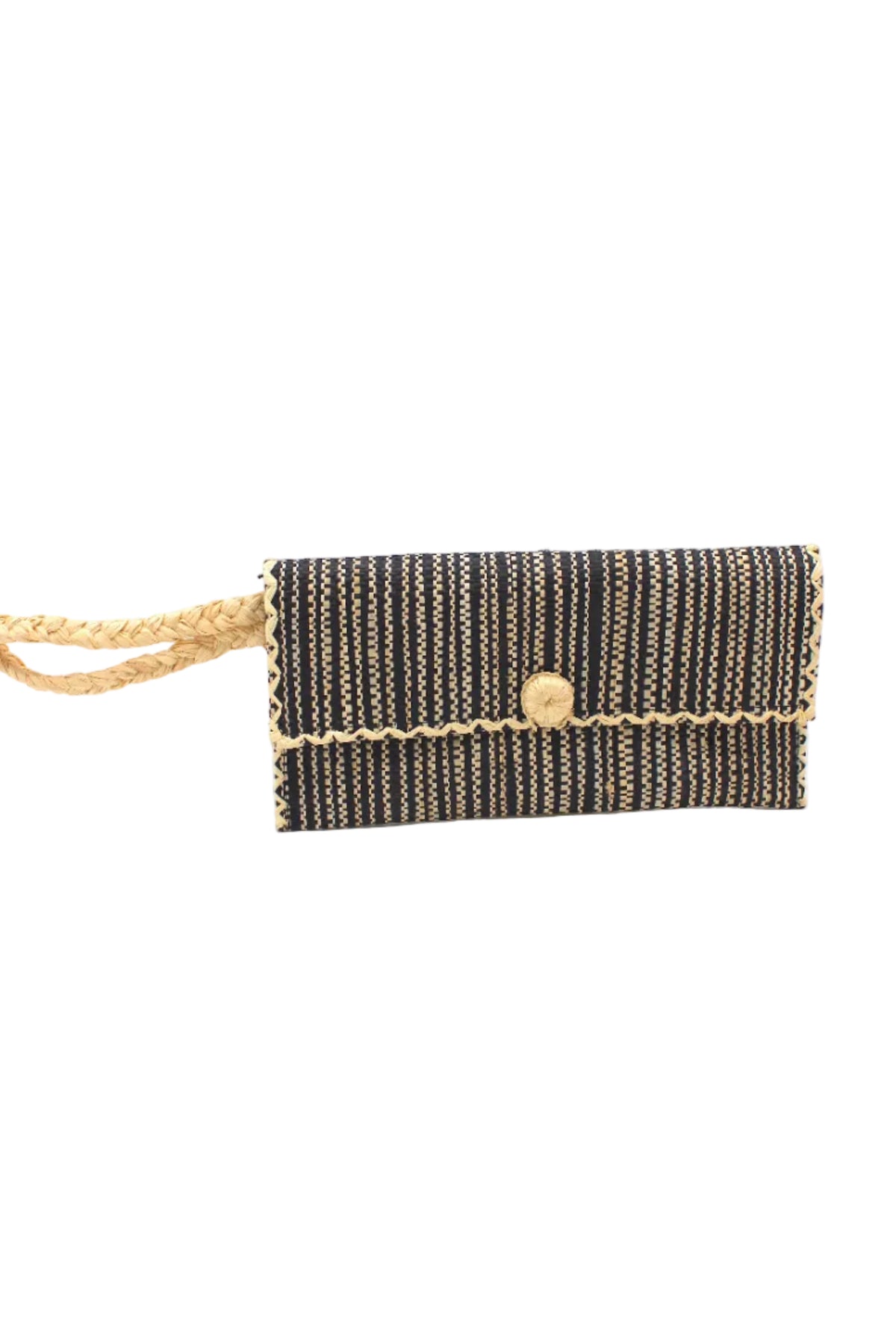 ChiChi Two Tone Melange Multicolor Straw Clutch Bag handmade loomed raffia palm fiber wristlet in vertical heathered/blended stripe pattern of black and natural straw color with matching color cross stitch edging, button & loop closure, and braided wrist strap - Shebobo