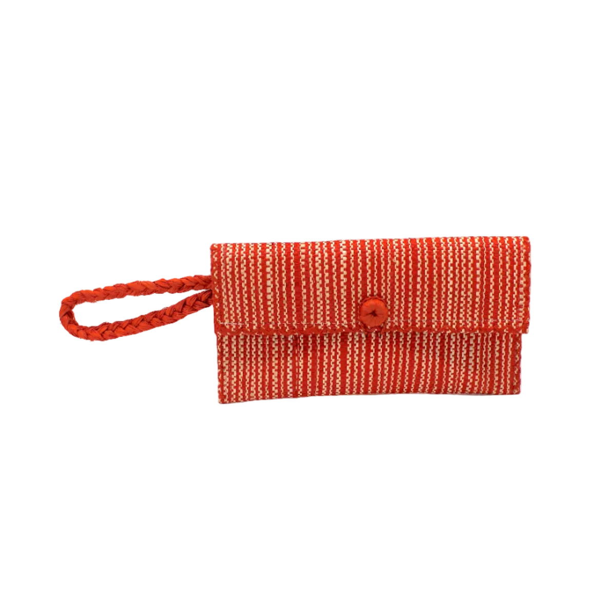 ChiChi Two Tone Melange Multicolor Straw Clutch Bag handmade loomed raffia palm fiber wristlet in vertical heathered/blended stripe pattern of coral orange/red and natural straw color with matching color cross stitch edging, button & loop closure, and braided wrist strap - Shebobo