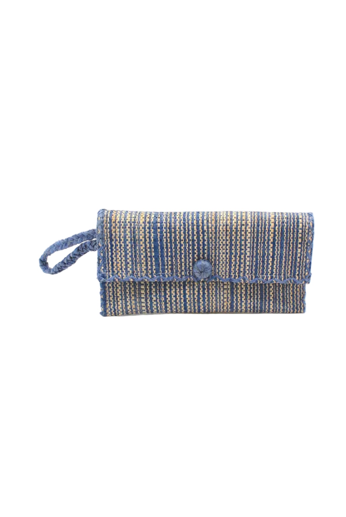 ChiChi Two Tone Melange Multicolor Straw Clutch Bag handmade loomed raffia palm fiber wristlet in vertical heathered/blended stripe pattern of denim light/retro/blue and natural straw color with matching color cross stitch edging, button & loop closure, and braided wrist strap - Shebobo