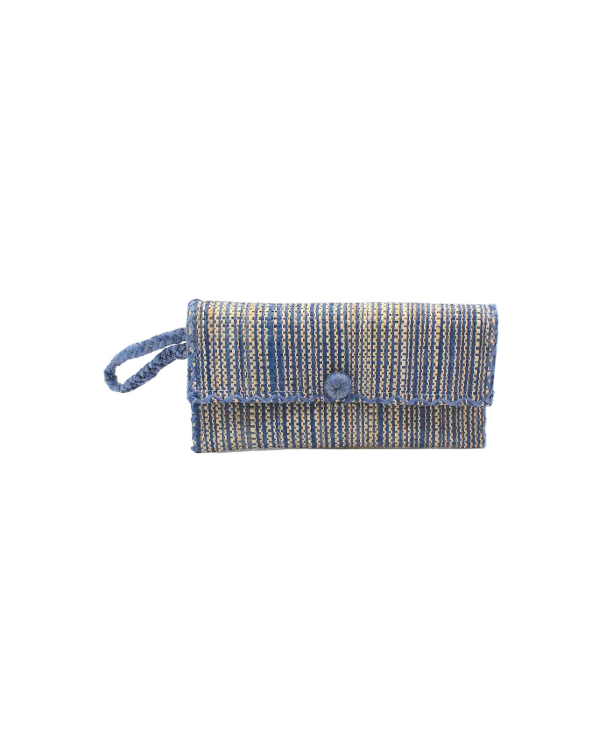 ChiChi Two Tone Melange Multicolor Straw Clutch Bag handmade loomed raffia palm fiber wristlet in vertical heathered/blended stripe pattern of denim light/retro/blue and natural straw color with matching color cross stitch edging, button & loop closure, and braided wrist strap - Shebobo