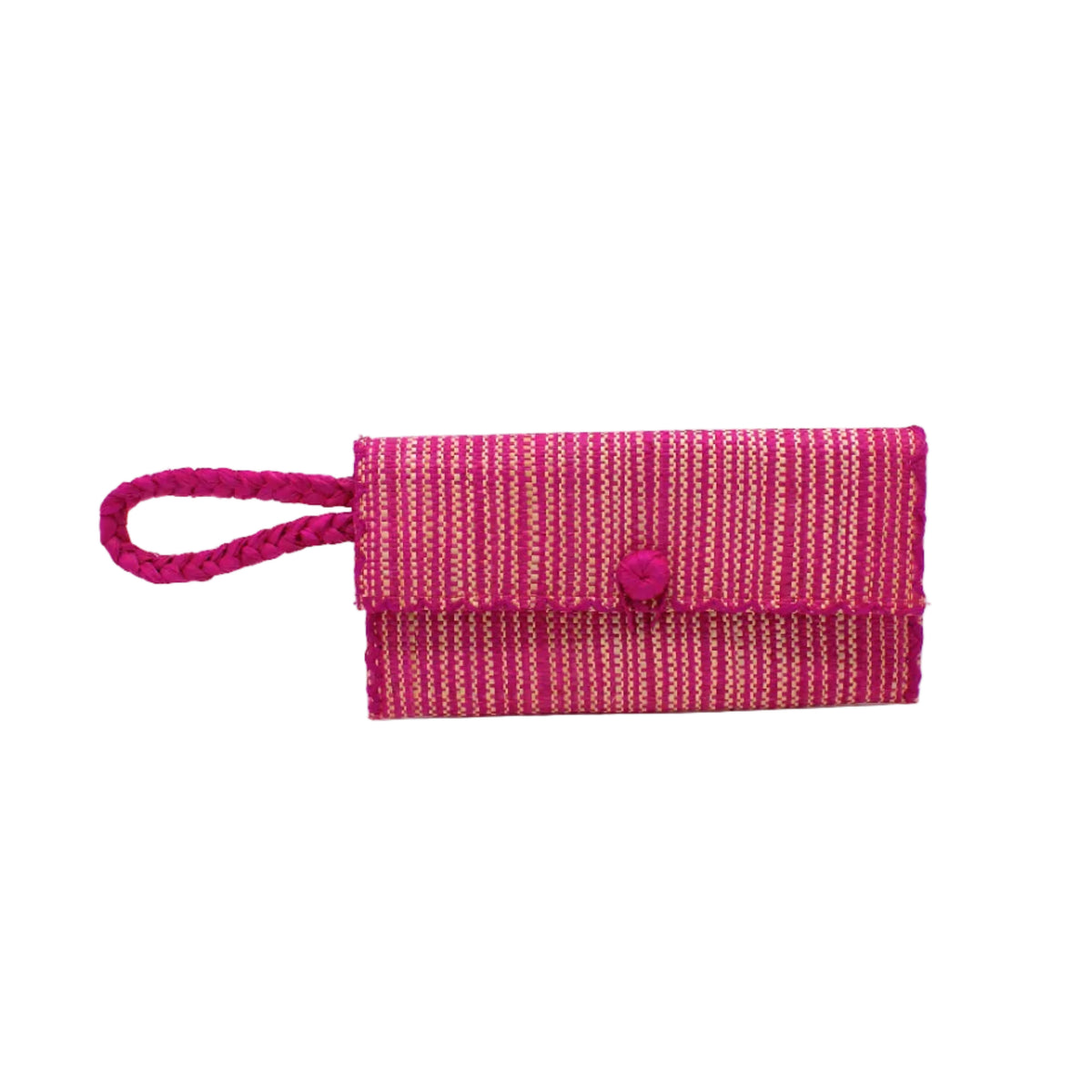 ChiChi Two Tone Melange Multicolor Straw Clutch Bag handmade loomed raffia palm fiber wristlet in vertical heathered/blended stripe pattern of fuchsia hot/bright/barbie/pink and natural straw color with matching color cross stitch edging, button & loop closure, and braided wrist strap - Shebobo