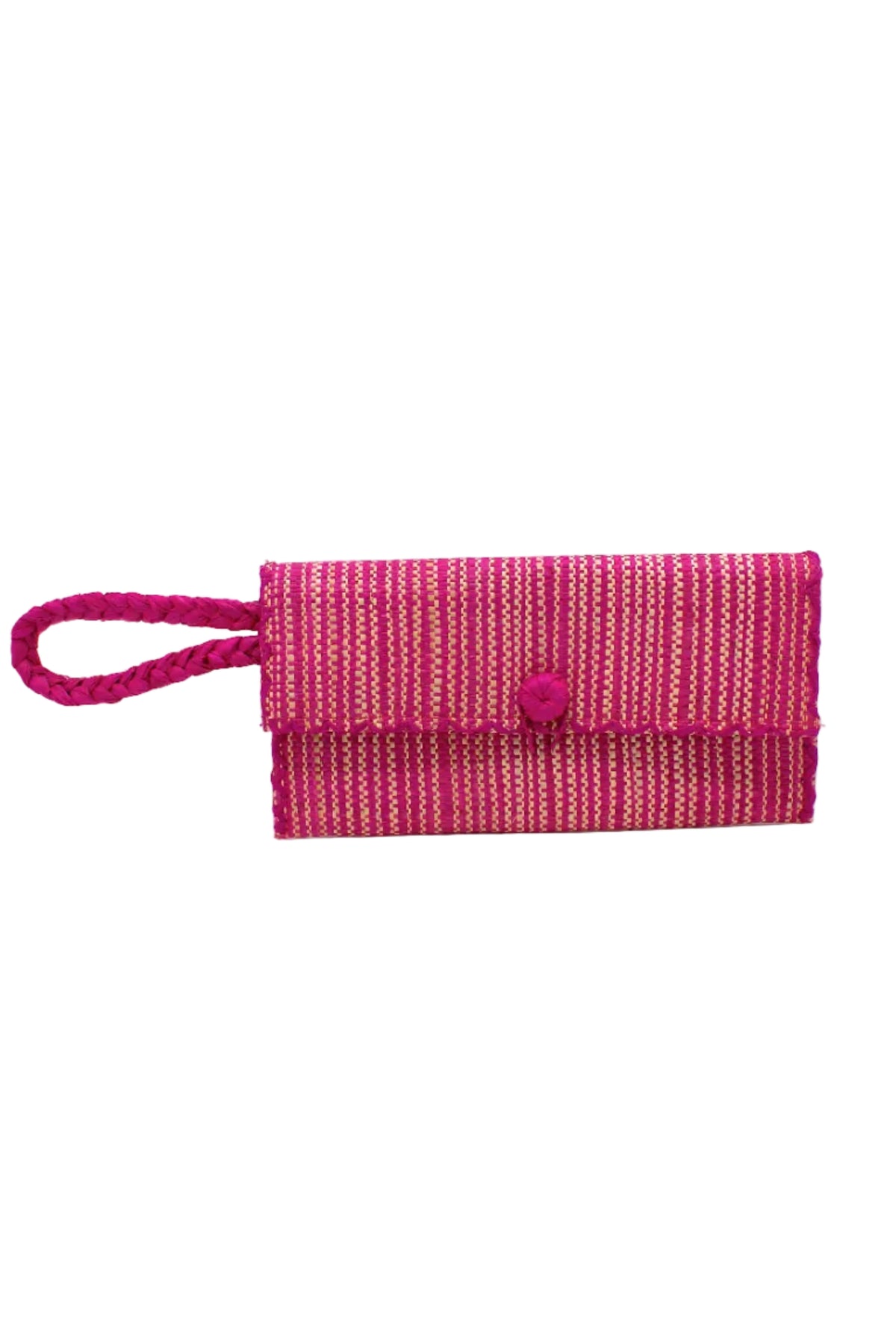 ChiChi Two Tone Melange Multicolor Straw Clutch Bag handmade loomed raffia palm fiber wristlet in vertical heathered/blended stripe pattern of fuchsia hot/bright/barbie/pink and natural straw color with matching color cross stitch edging, button & loop closure, and braided wrist strap - Shebobo
