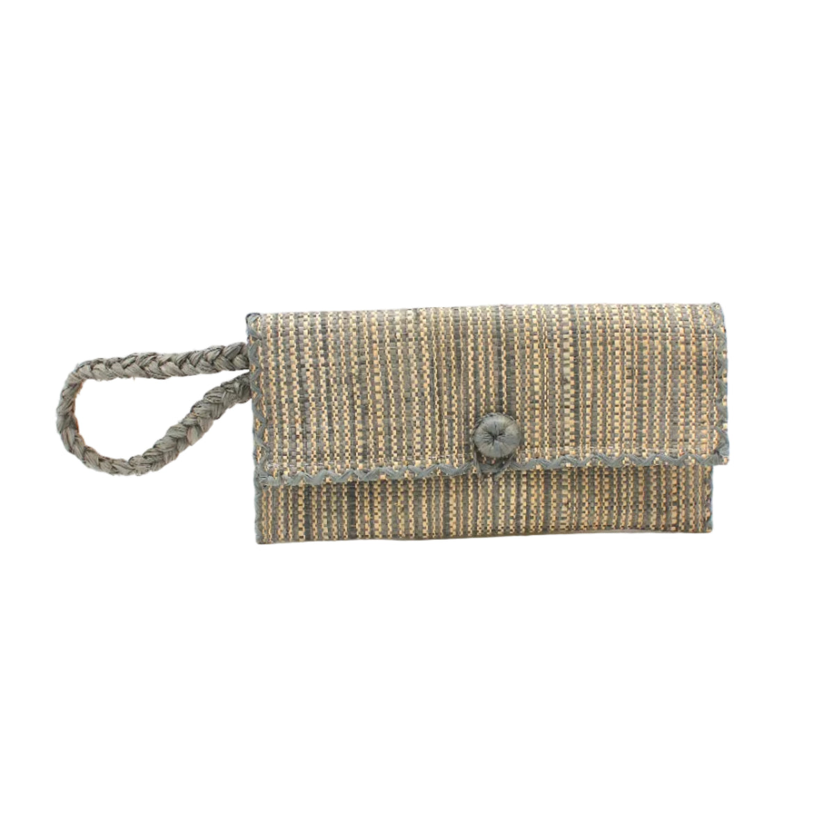 ChiChi Two Tone Melange Multicolor Straw Clutch Bag handmade loomed raffia palm fiber wristlet in vertical heathered/blended stripe pattern of gray and natural straw color with matching color cross stitch edging, button & loop closure, and braided wrist strap - Shebobo