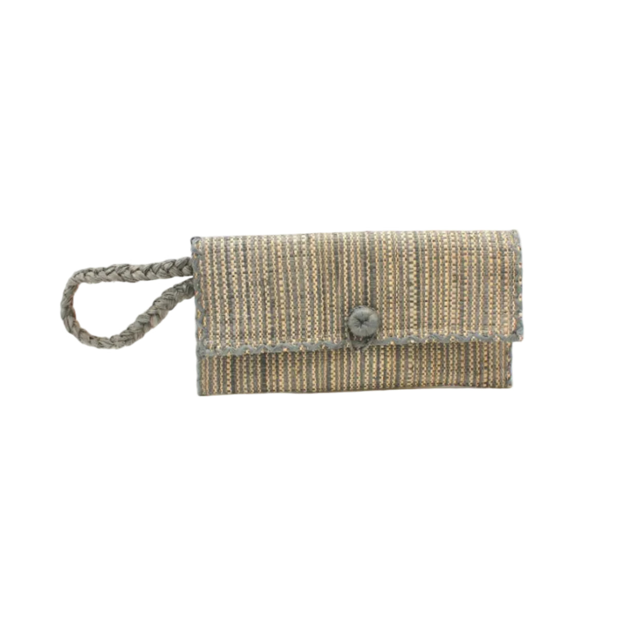 ChiChi Two Tone Melange Multicolor Straw Clutch Bag handmade loomed raffia palm fiber wristlet in vertical heathered/blended stripe pattern of gray and natural straw color with matching color cross stitch edging, button & loop closure, and braided wrist strap - Shebobo