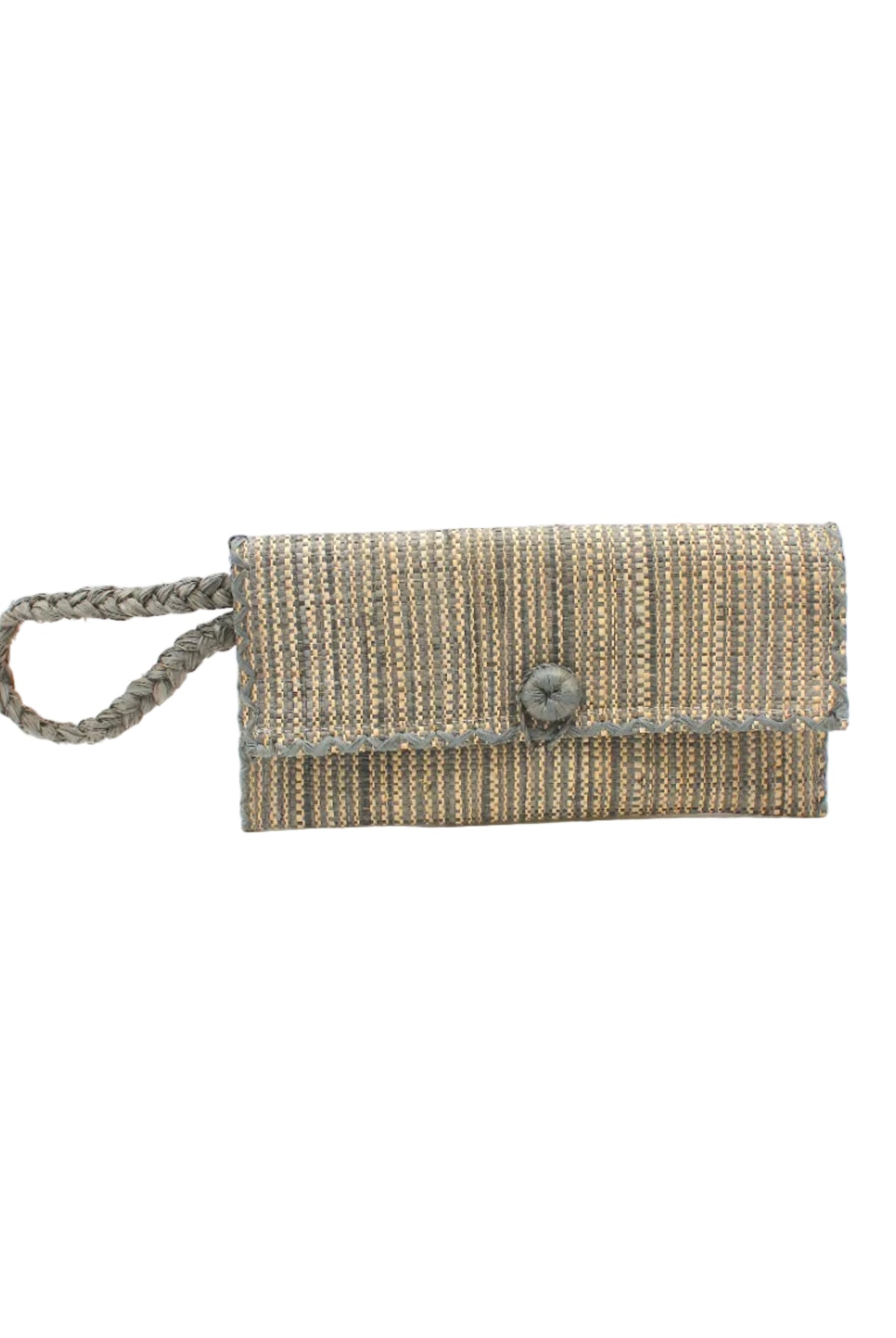 ChiChi Two Tone Melange Multicolor Straw Clutch Bag handmade loomed raffia palm fiber wristlet in vertical heathered/blended stripe pattern of gray and natural straw color with matching color cross stitch edging, button & loop closure, and braided wrist strap - Shebobo