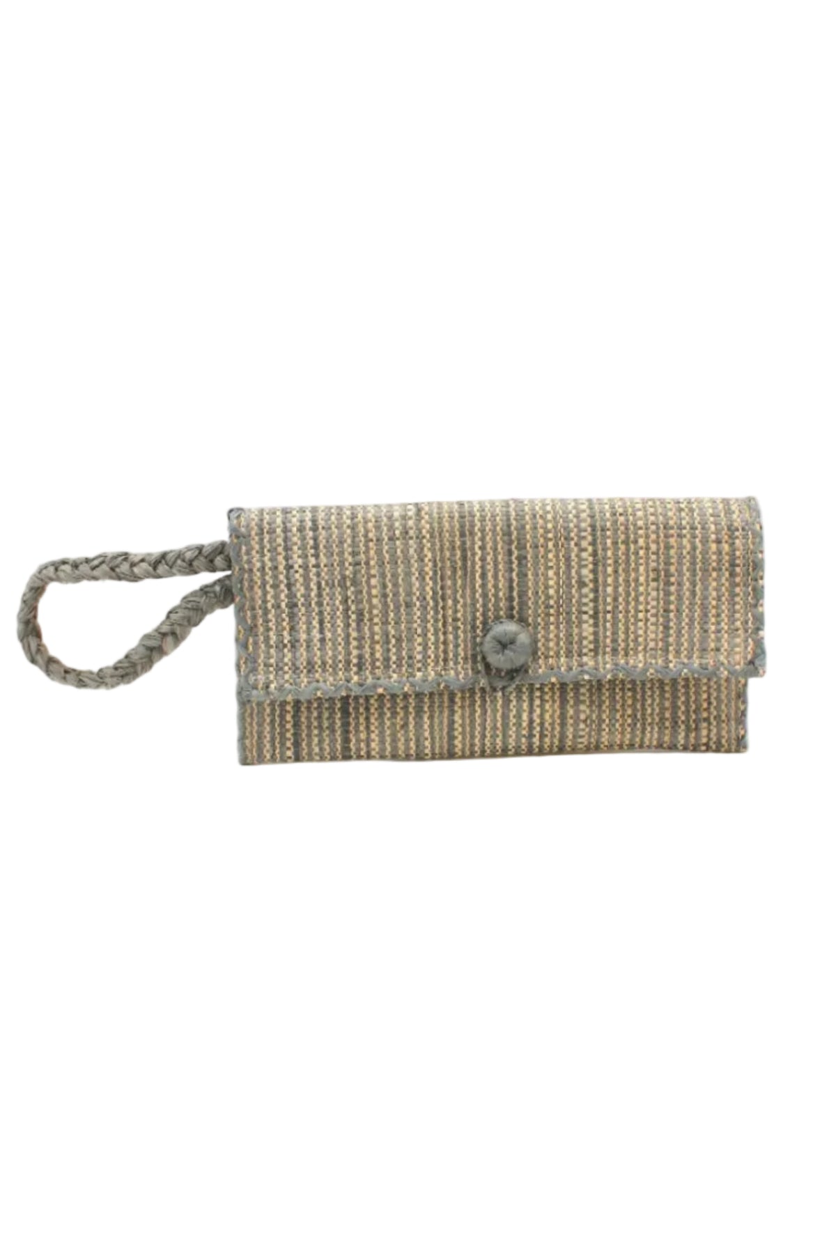 ChiChi Two Tone Melange Multicolor Straw Clutch Bag handmade loomed raffia palm fiber wristlet in vertical heathered/blended stripe pattern of gray and natural straw color with matching color cross stitch edging, button & loop closure, and braided wrist strap - Shebobo