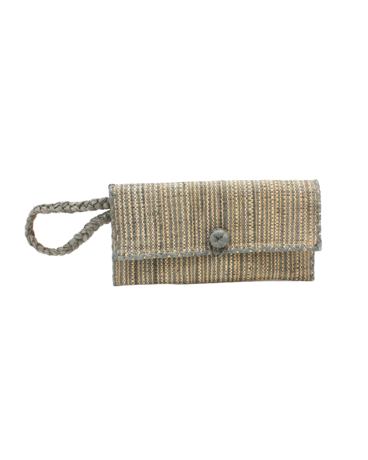 ChiChi Two Tone Melange Multicolor Straw Clutch Bag handmade loomed raffia palm fiber wristlet in vertical heathered/blended stripe pattern of gray and natural straw color with matching color cross stitch edging, button & loop closure, and braided wrist strap - Shebobo