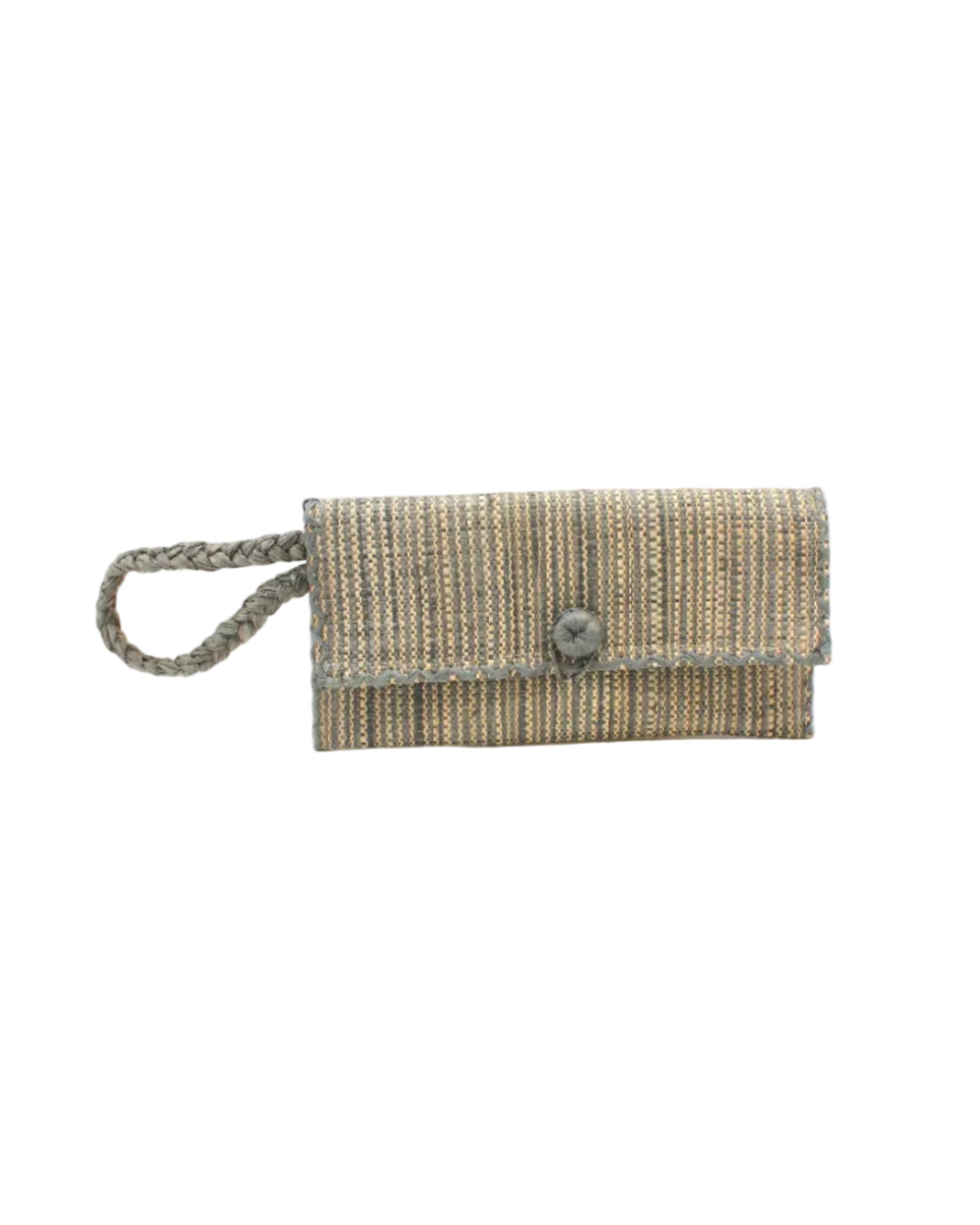 ChiChi Two Tone Melange Multicolor Straw Clutch Bag handmade loomed raffia palm fiber wristlet in vertical heathered/blended stripe pattern of gray and natural straw color with matching color cross stitch edging, button & loop closure, and braided wrist strap - Shebobo