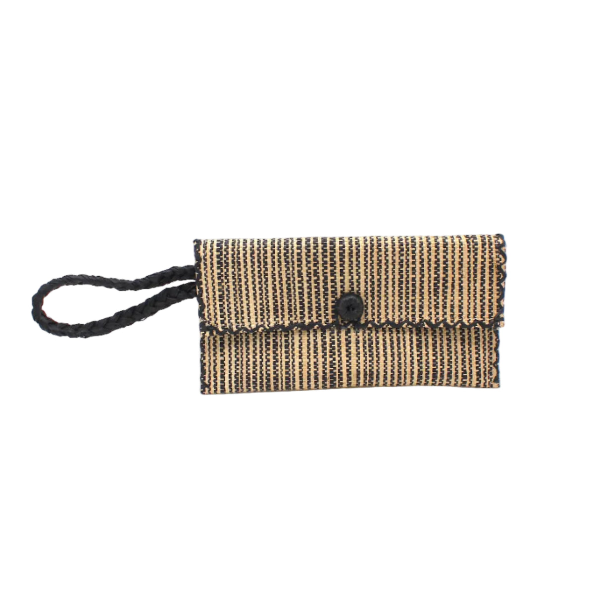 ChiChi Two Tone Melange Multicolor Straw Clutch Bag handmade loomed raffia palm fiber wristlet in vertical heathered/blended stripe pattern of natural straw color and black with matching color cross stitch edging, button & loop closure, and braided wrist strap - Shebobo