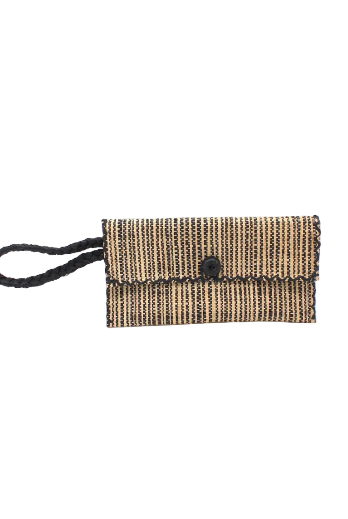 ChiChi Two Tone Melange Multicolor Straw Clutch Bag handmade loomed raffia palm fiber wristlet in vertical heathered/blended stripe pattern of natural straw color and black with matching color cross stitch edging, button & loop closure, and braided wrist strap - Shebobo
