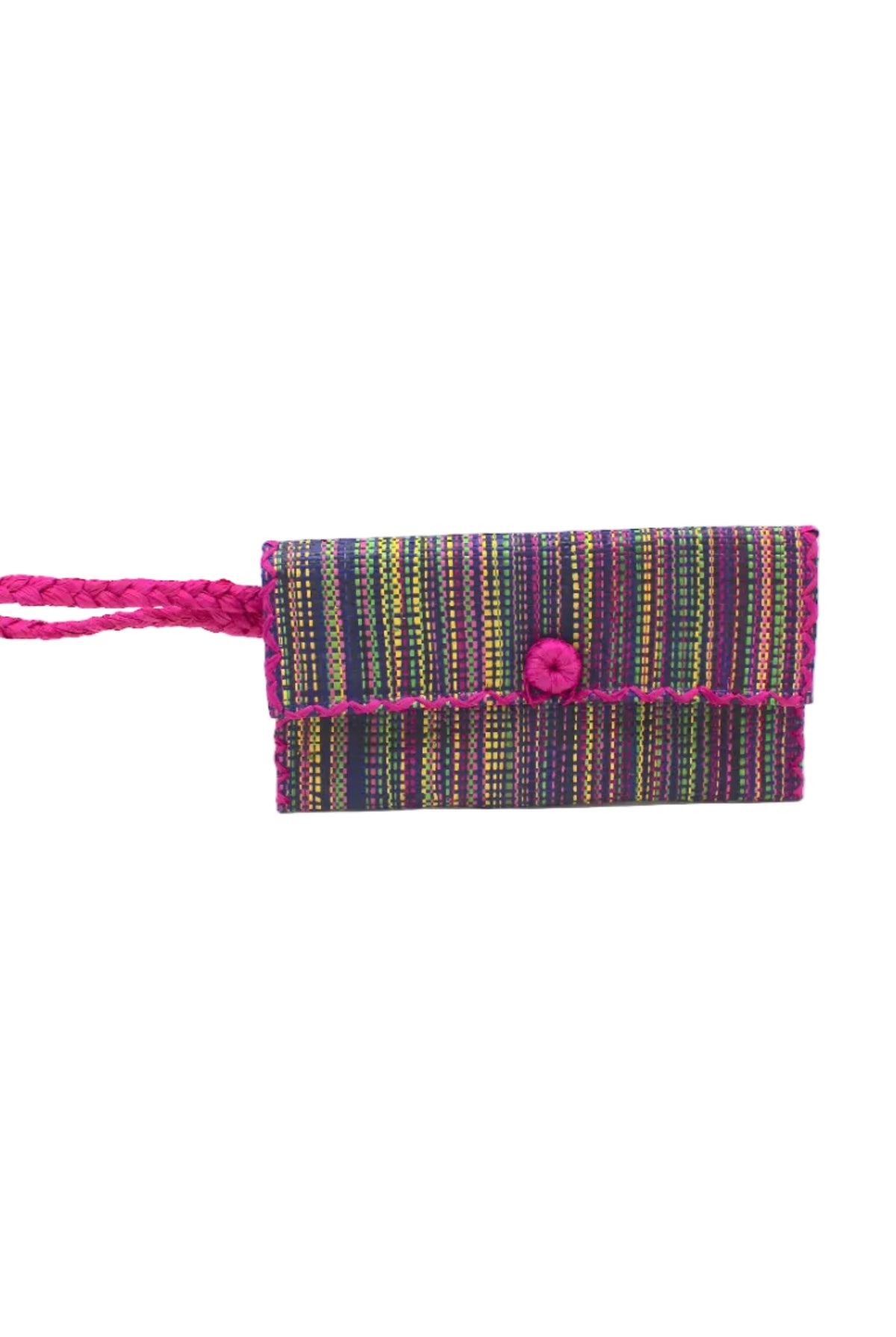 ChiChi Multicolor Melange Multicolor Straw Clutch Bag handmade loomed raffia palm fiber wristlet in vertical heathered/blended stripe pattern of orchid pink/purple, navy dark/blue, fuchsia bright/pink, yellow, midori lime/green, light pink, etc. with matching color cross stitch edging, button & loop closure, and braided wrist strap - Shebobo
