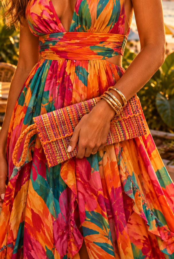 Model wearing ChiChi Multicolor Melange Multicolor Straw Clutch Bag handmade loomed raffia palm fiber wristlet in vertical heathered/blended stripe pattern of saffron orange/yellow, midori lime/green, fuchsia bright/pink, coral orange/red, dusk navy/dark/blue, and natural straw color with matching color cross stitch edging, button & loop closure, and braided wrist strap - Shebobo