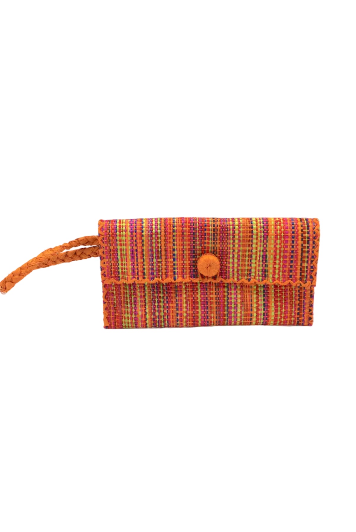 ChiChi Multicolor Melange Multicolor Straw Clutch Bag handmade loomed raffia palm fiber wristlet in vertical heathered/blended stripe pattern of saffron orange/yellow, midori lime/green, fuchsia bright/pink, coral orange/red, dusk navy/dark/blue, and natural straw color with matching color cross stitch edging, button & loop closure, and braided wrist strap - Shebobo