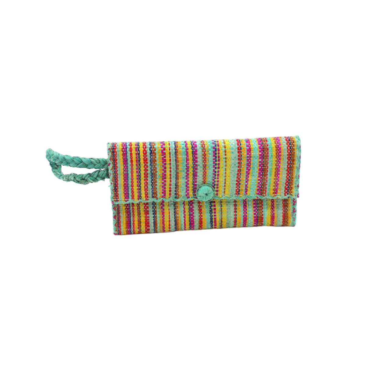 ChiChi Multicolor Melange Multicolor Straw Clutch Bag handmade loomed raffia palm fiber wristlet in vertical heathered/blended stripe pattern of seafoam light/blue/green, yellow, fuchsia bright/pink, navy dark/blue, coral orange/red, tobacco dark/brown, black, and natural straw color with matching color cross stitch edging, button & loop closure, and braided wrist strap - Shebobo