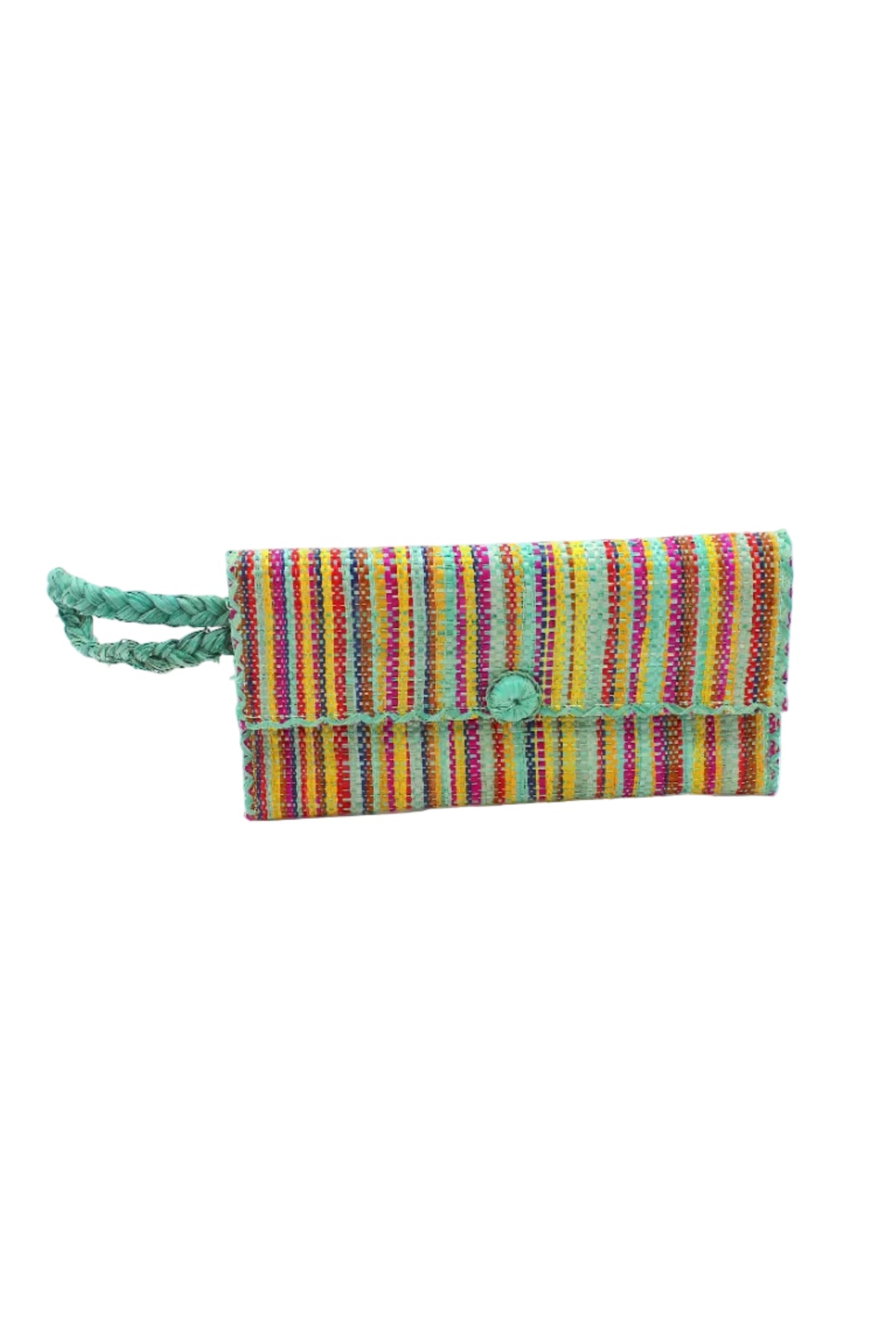 ChiChi Multicolor Melange Multicolor Straw Clutch Bag handmade loomed raffia palm fiber wristlet in vertical heathered/blended stripe pattern of seafoam light/blue/green, yellow, fuchsia bright/pink, navy dark/blue, coral orange/red, tobacco dark/brown, black, and natural straw color with matching color cross stitch edging, button & loop closure, and braided wrist strap - Shebobo