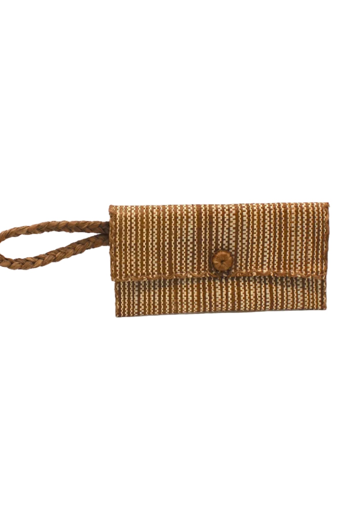 ChiChi Two Tone Melange Multicolor Straw Clutch Bag handmade loomed raffia palm fiber wristlet in vertical heathered/blended stripe pattern of tobacco dark/cinnamon/brown and natural straw color with matching color cross stitch edging, button & loop closure, and braided wrist strap - Shebobo