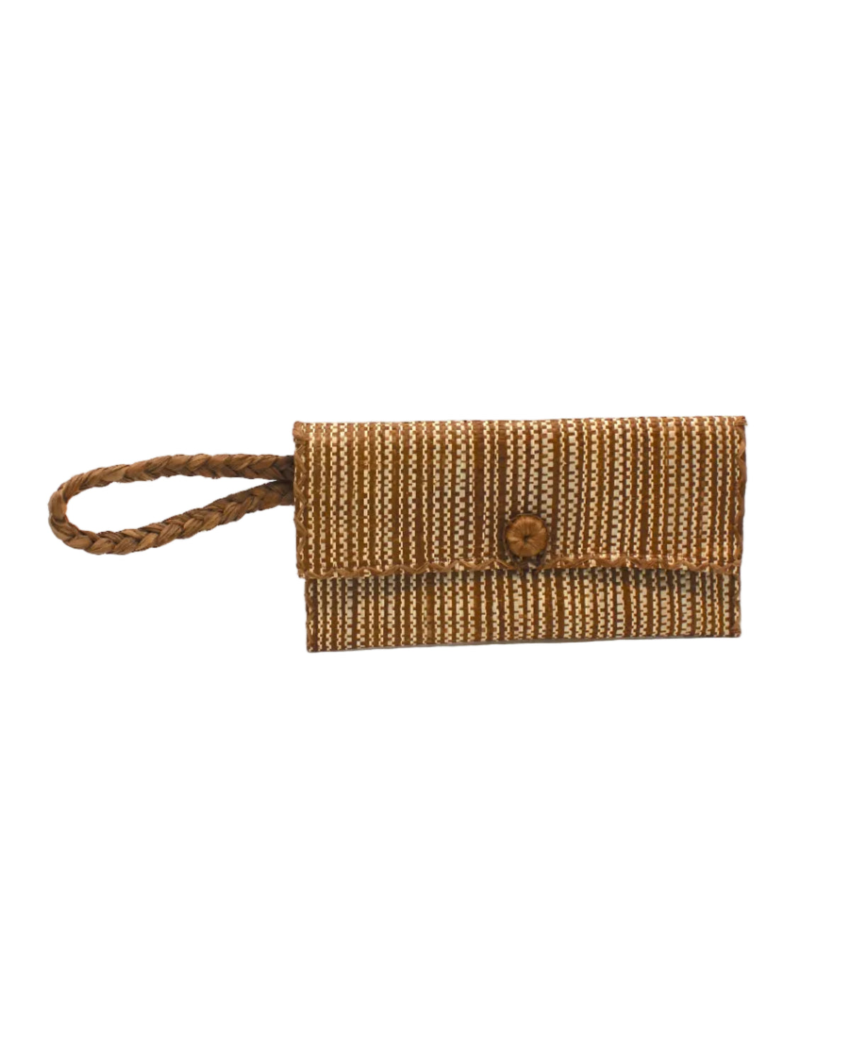 ChiChi Two Tone Melange Multicolor Straw Clutch Bag handmade loomed raffia palm fiber wristlet in vertical heathered/blended stripe pattern of tobacco dark/cinnamon/brown and natural straw color with matching color cross stitch edging, button & loop closure, and braided wrist strap - Shebobo