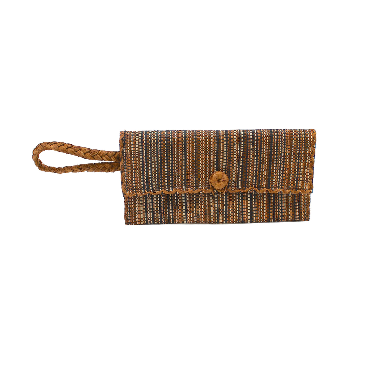 ChiChi Multicolor Melange Multicolor Straw Clutch Bag handmade loomed raffia palm fiber wristlet in vertical heathered/blended stripe pattern of tobacco dark/cinnamon/brown, whisky red/brown, espresso chocolate/dark/brown, black, and natural straw color with matching color cross stitch edging, button & loop closure, and braided wrist strap - Shebobo
