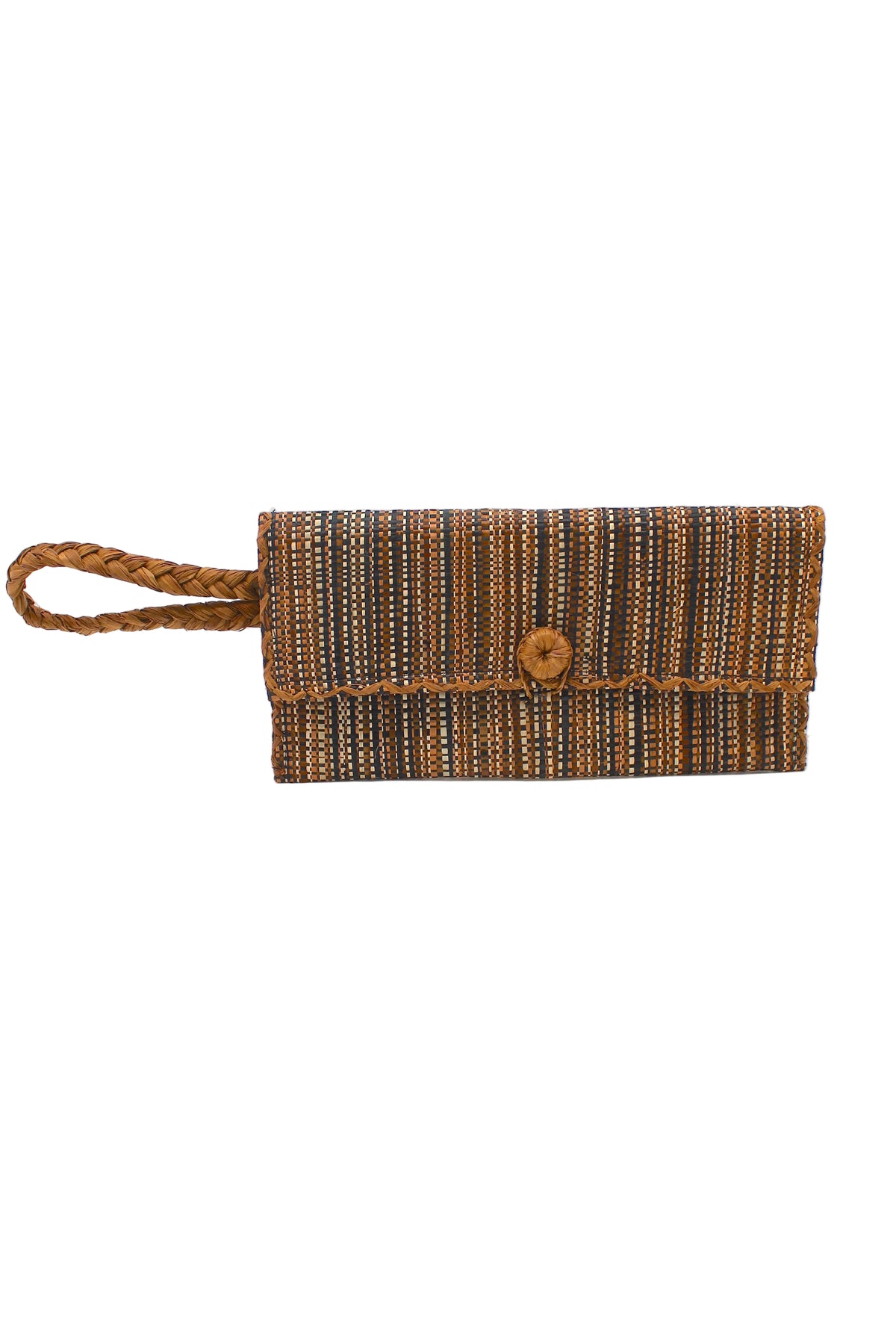 ChiChi Multicolor Melange Multicolor Straw Clutch Bag handmade loomed raffia palm fiber wristlet in vertical heathered/blended stripe pattern of tobacco dark/cinnamon/brown, whisky red/brown, espresso chocolate/dark/brown, black, and natural straw color with matching color cross stitch edging, button & loop closure, and braided wrist strap - Shebobo
