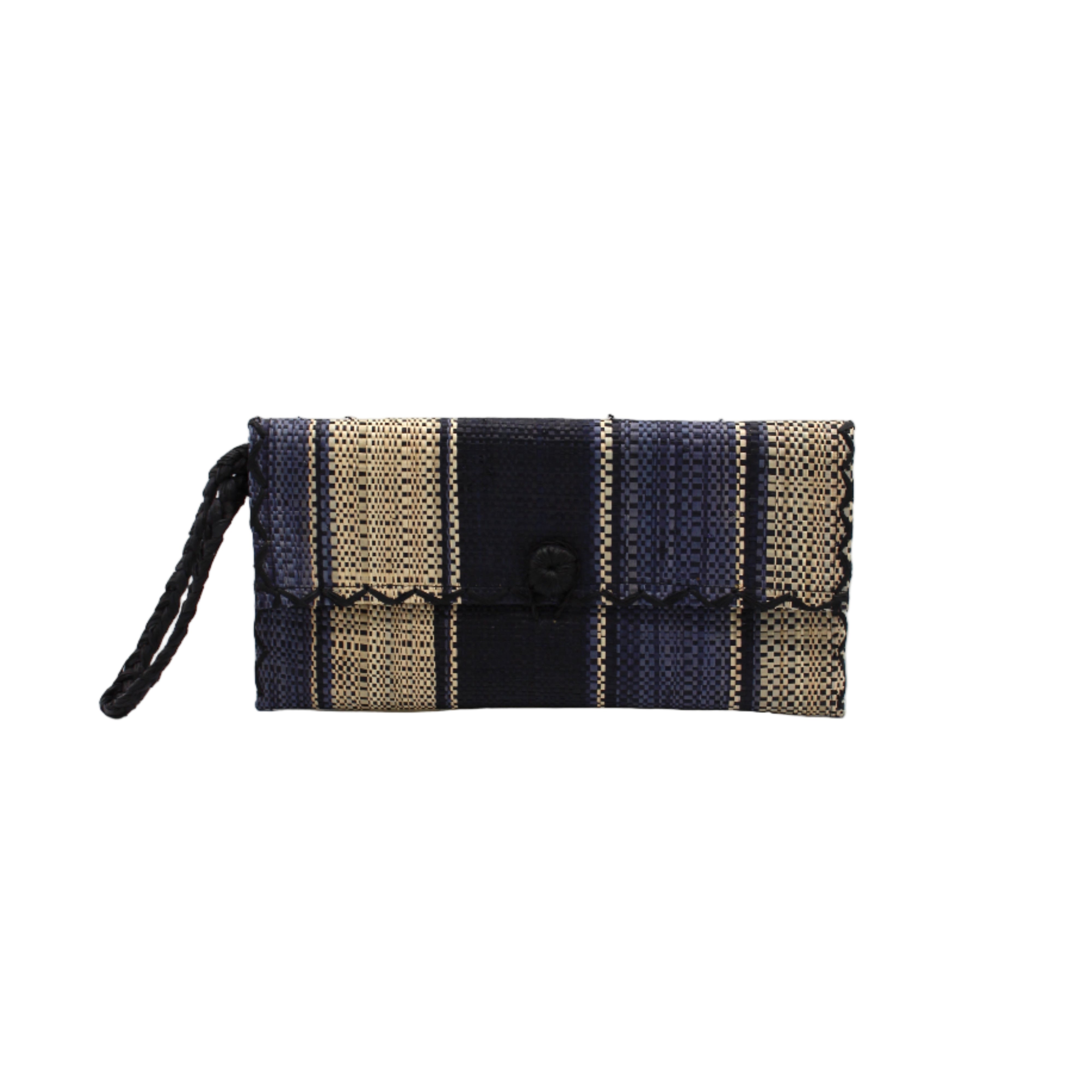ChiChi Black Swirl Multicolor Straw Clutch Bag handmade loomed raffia palm fiber wristlet in multi-width bands of black, grey, and natural that create a vertical stripe pattern with black color cross stitch edging, button & loop closure, and braided wrist strap - Shebobo