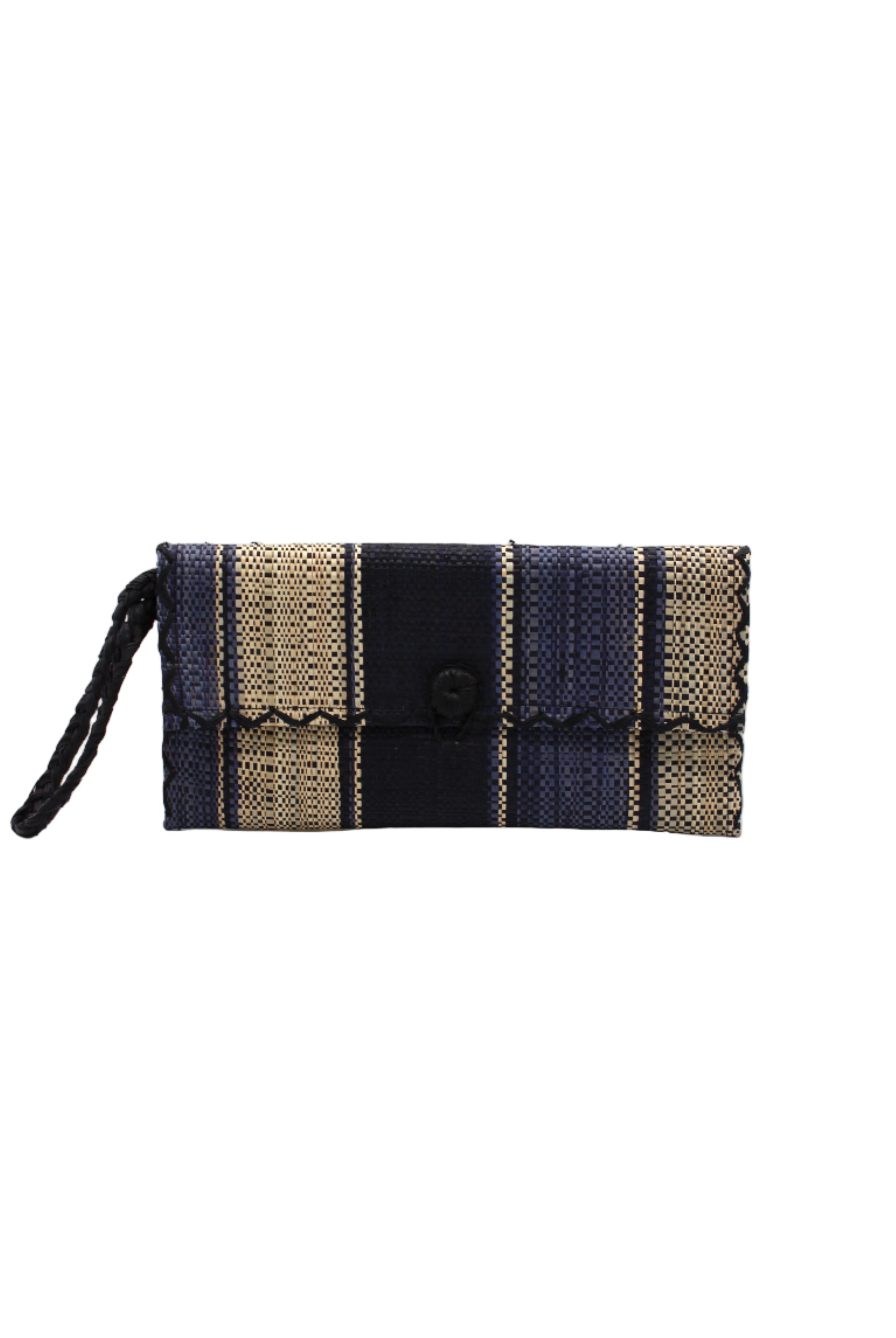 ChiChi Black Swirl Multicolor Straw Clutch Bag handmade loomed raffia palm fiber wristlet in multi-width bands of black, grey, and natural that create a vertical stripe pattern with black color cross stitch edging, button & loop closure, and braided wrist strap - Shebobo