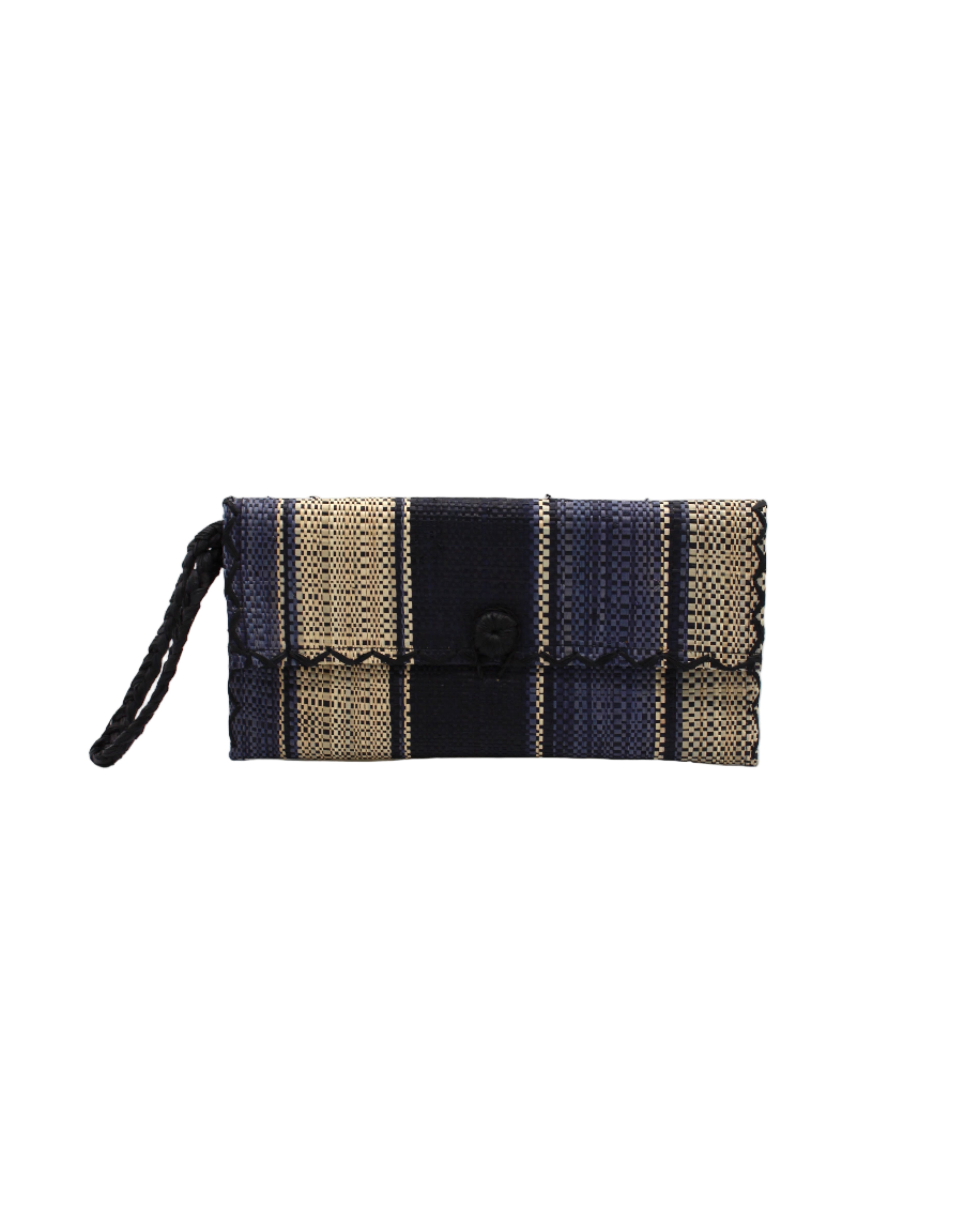 ChiChi Black Swirl Multicolor Straw Clutch Bag handmade loomed raffia palm fiber wristlet in multi-width bands of black, grey, and natural that create a vertical stripe pattern with black color cross stitch edging, button & loop closure, and braided wrist strap - Shebobo