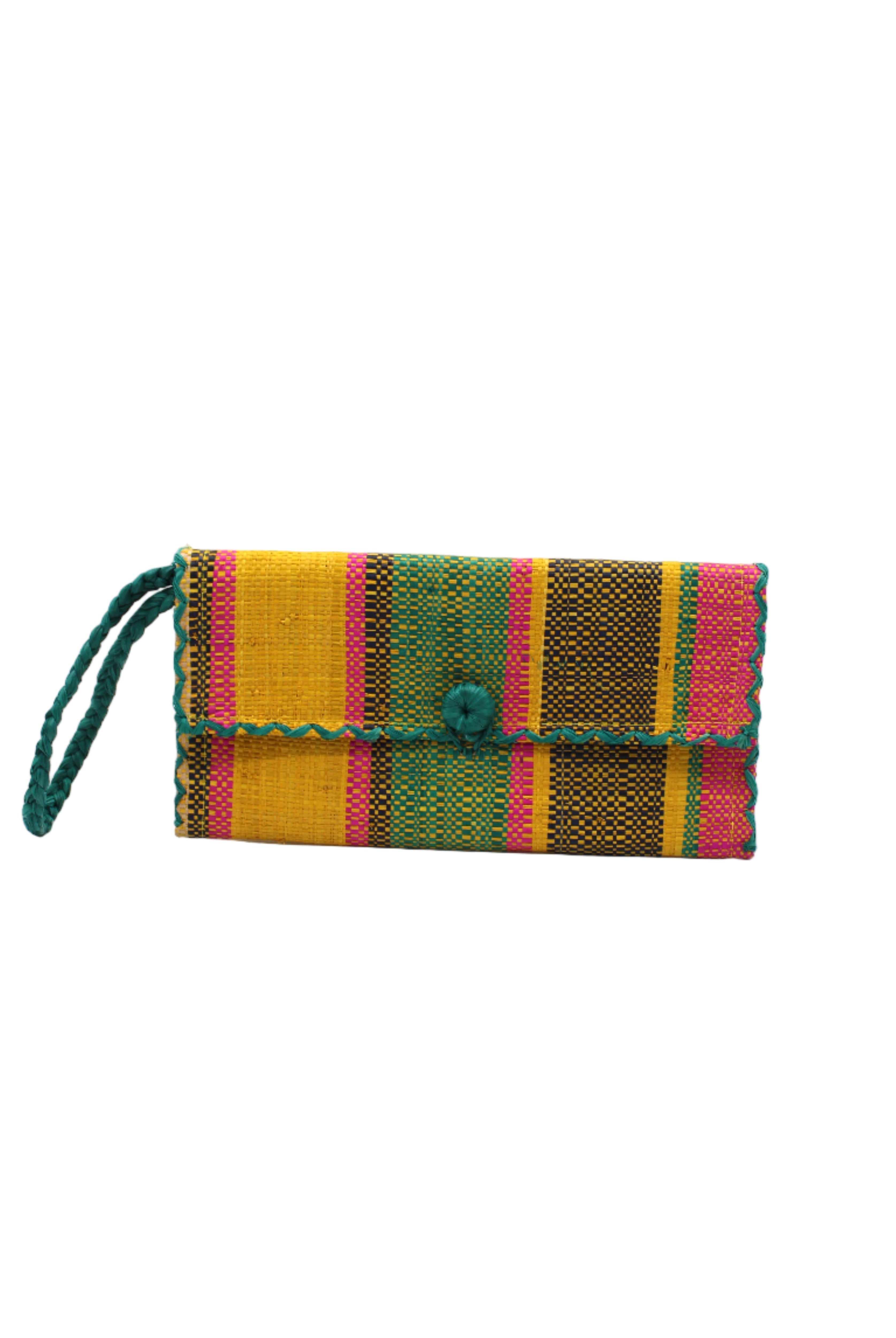 ChiChi Carmalita Swirl Multicolor Straw Clutch Bag handmade loomed raffia palm fiber wristlet in multi-width bands of black, saffron yellow, teal blue/green, and fuchsia pink that create a vertical stripe pattern with teal color cross stitch edging, button & loop closure, and braided wrist strap - Shebobo