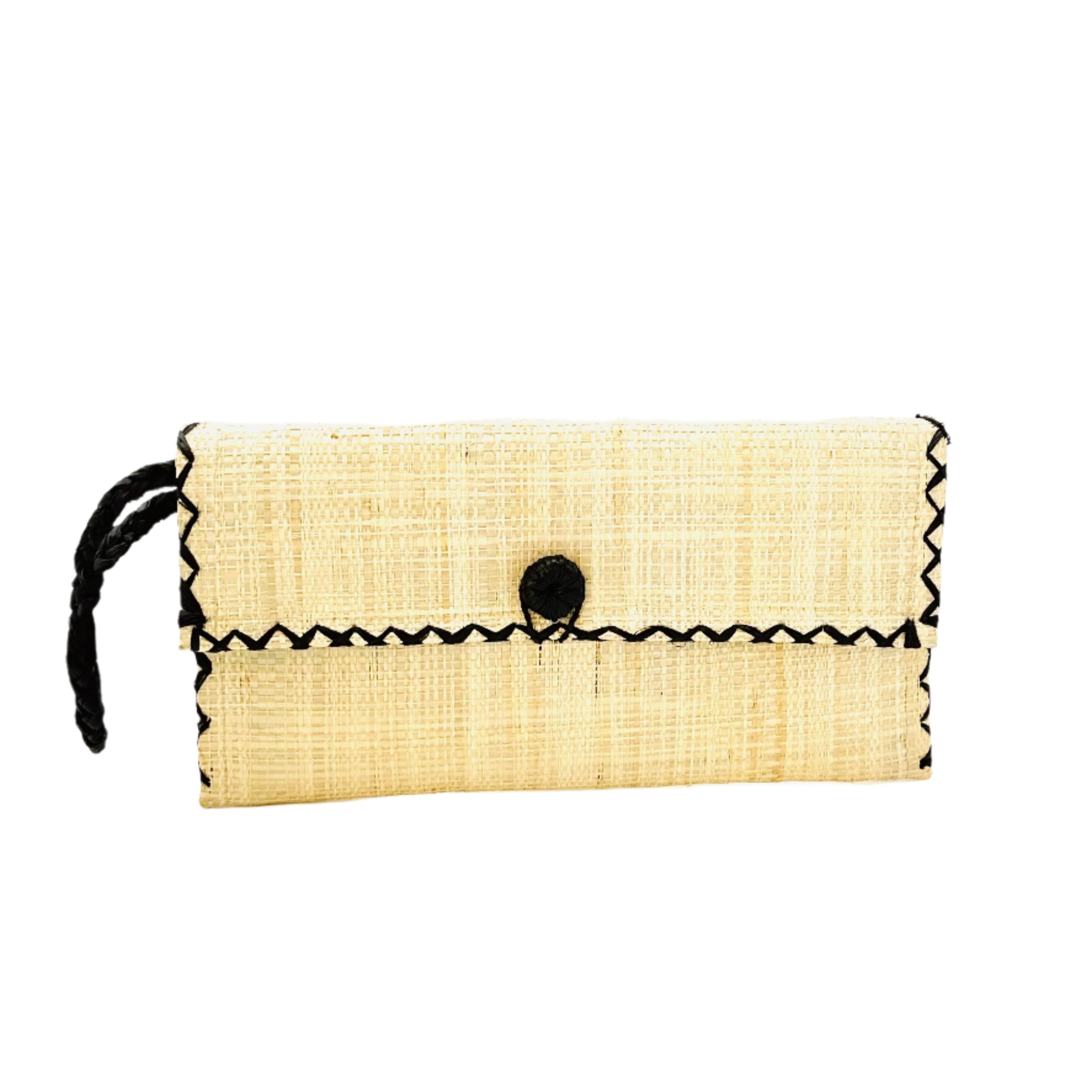 ChiChi Natural Straw Clutch Bag handmade loomed raffia palm fiber wristlet in natural straw color with black cross stitch edging, button & loop closure, and braided wrist strap - Shebobo