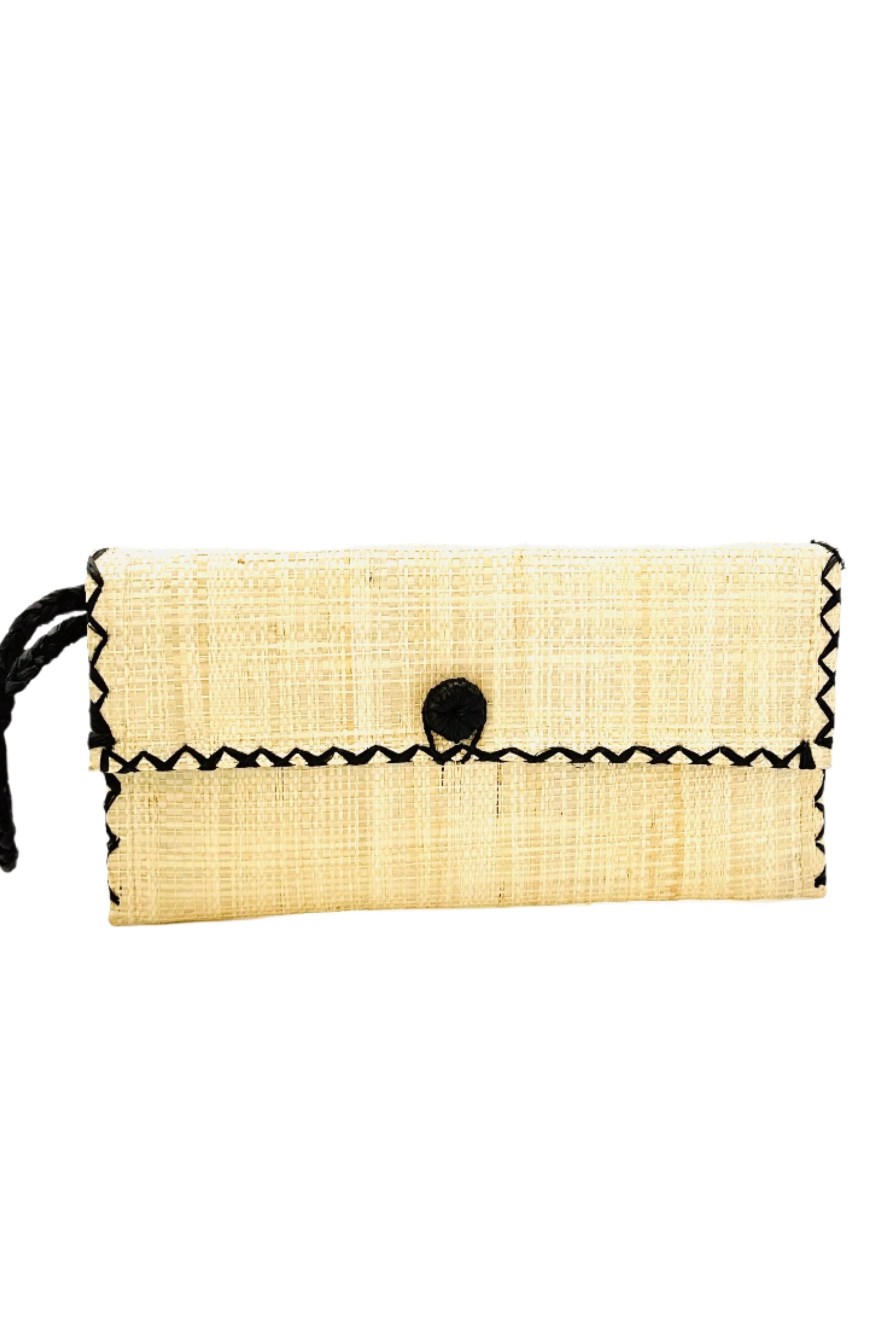 ChiChi Natural Straw Clutch Bag handmade loomed raffia palm fiber wristlet in natural straw color with black cross stitch edging, button & loop closure, and braided wrist strap - Shebobo
