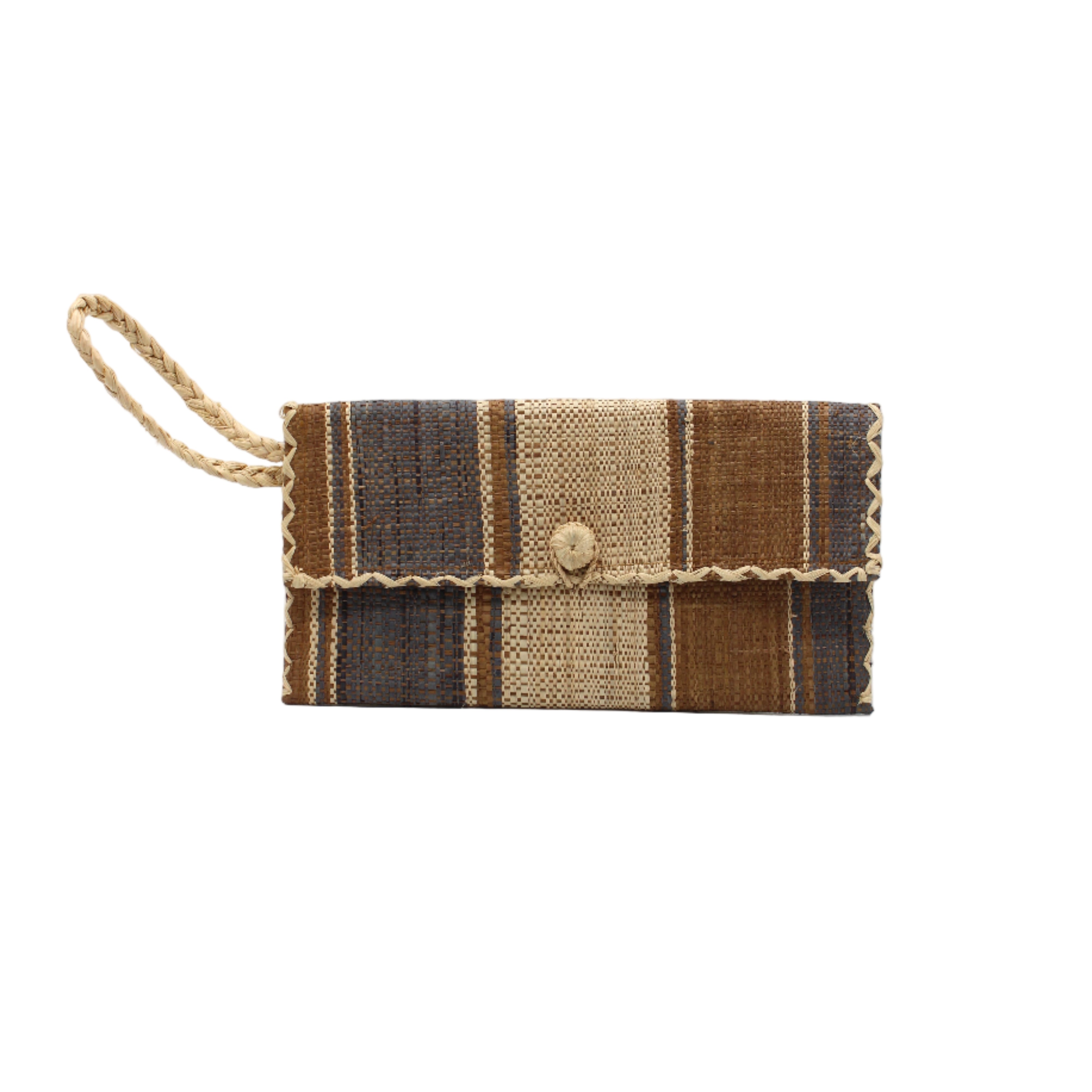 ChiChi Cinnamon Swirl Multicolor Straw Clutch Bag handmade loomed raffia palm fiber wristlet in multi-width bands of cinnamon/tobacco/brown, grey, and natural that create a vertical stripe pattern with natural straw color cross stitch edging, button & loop closure, and braided wrist strap - Shebobo