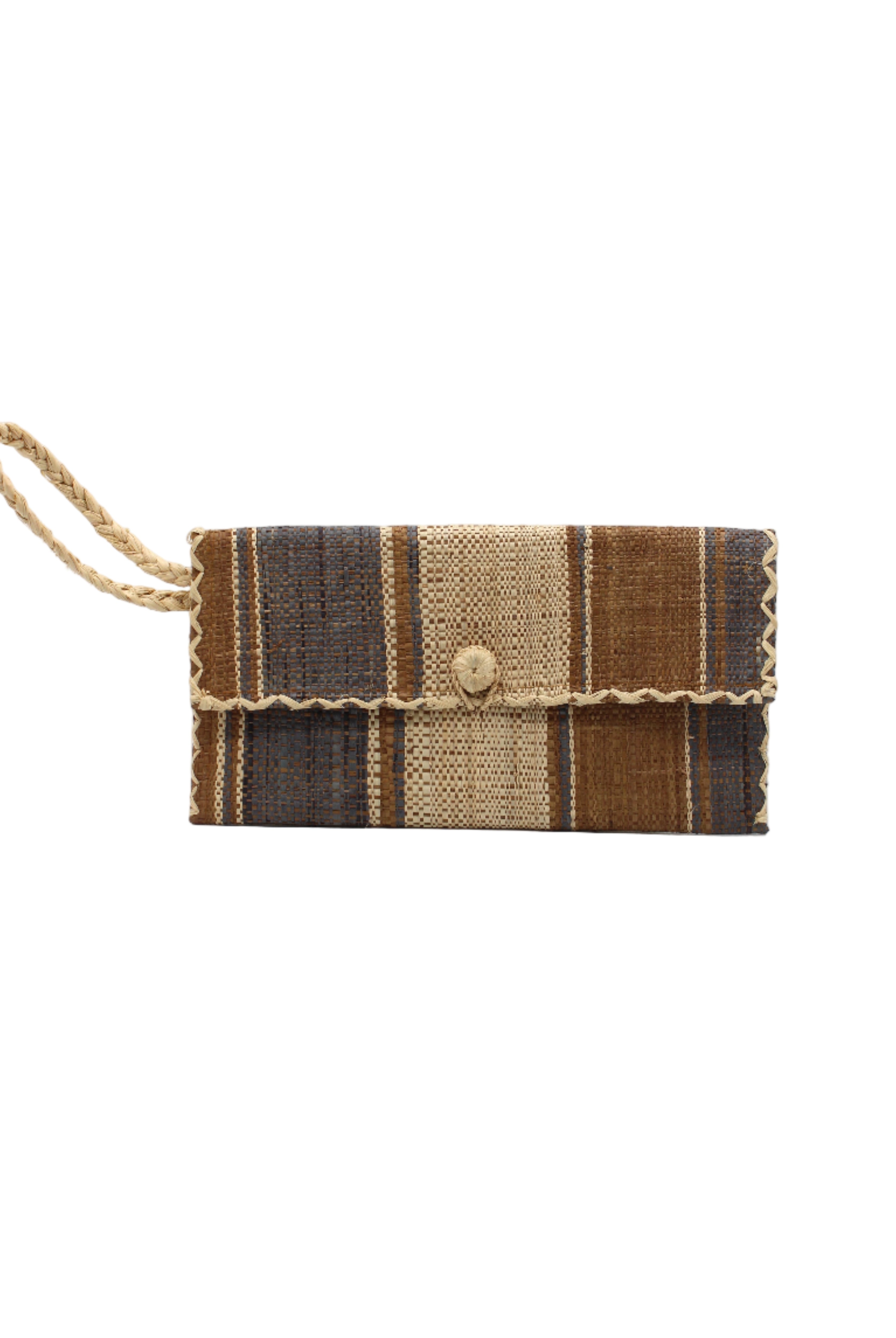 ChiChi Cinnamon Swirl Multicolor Straw Clutch Bag handmade loomed raffia palm fiber wristlet in multi-width bands of cinnamon/tobacco/brown, grey, and natural that create a vertical stripe pattern with natural straw color cross stitch edging, button & loop closure, and braided wrist strap - Shebobo