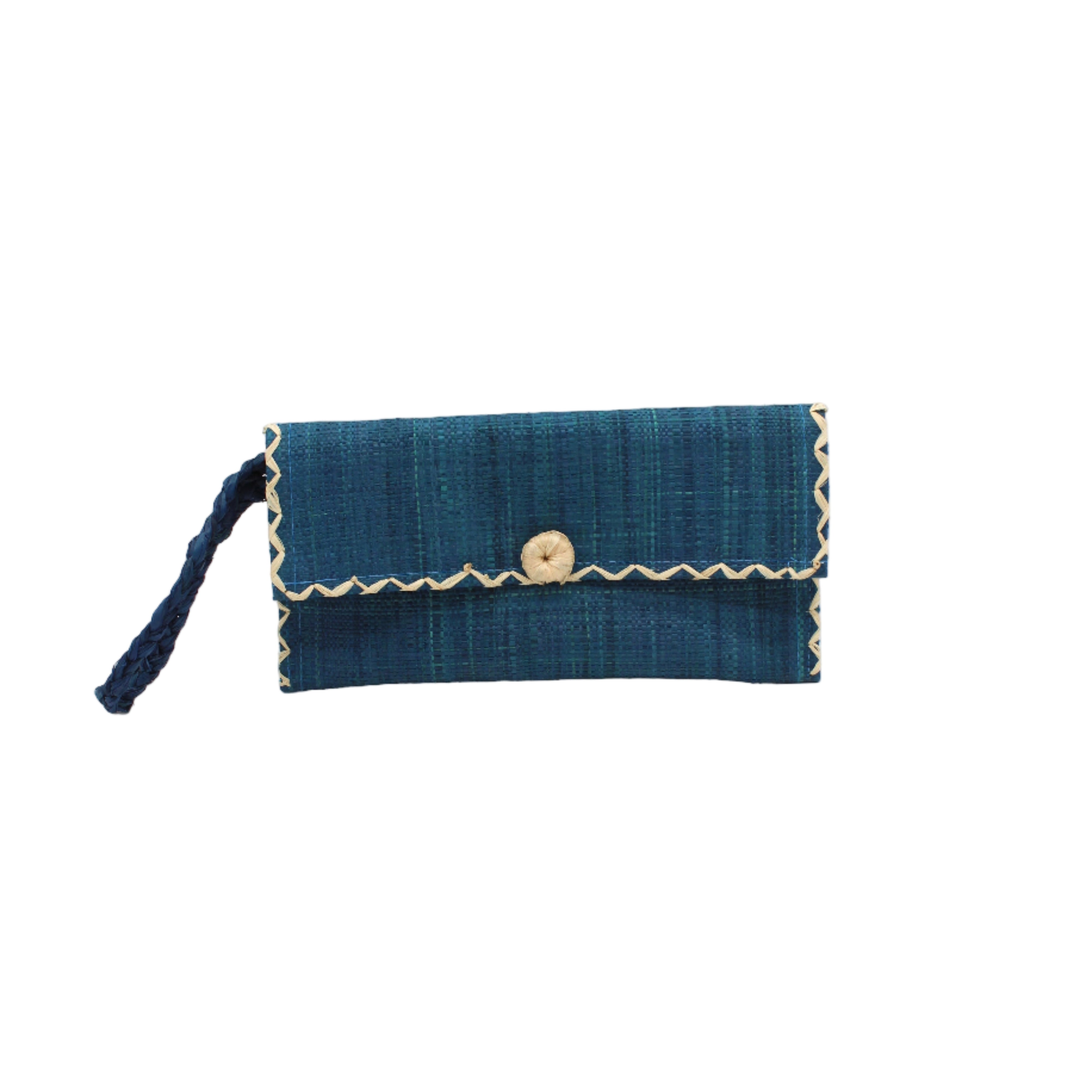 ChiChi Turquoise Straw Clutch Bag handmade loomed raffia palm fiber wristlet in turquoise blue color with natural straw color cross stitch edging, button & loop closure, and braided wrist strap - Shebobo