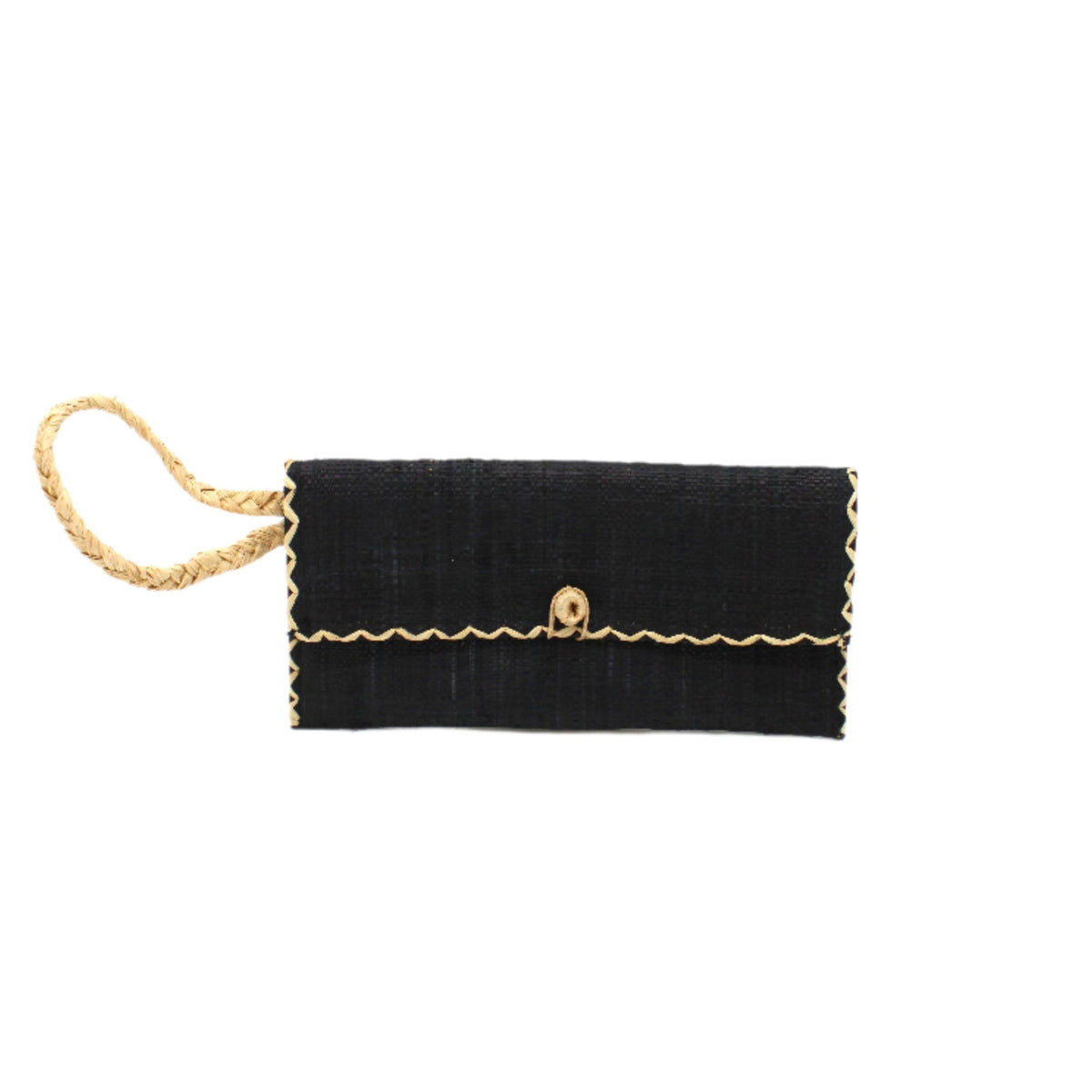 ChiChi Black Straw Clutch Bag handmade loomed raffia palm fiber wristlet in black color with natural straw color cross stitch edging, button & loop closure, and braided wrist strap - Shebobo
