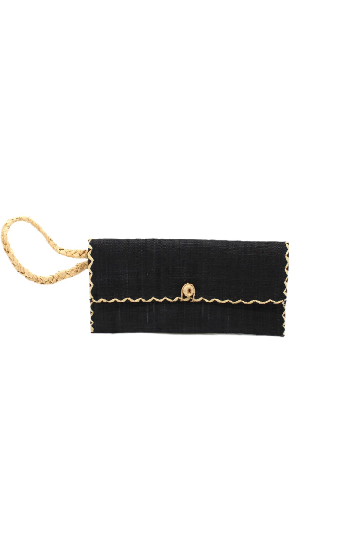 ChiChi Black Straw Clutch Bag handmade loomed raffia palm fiber wristlet in black color with natural straw color cross stitch edging, button & loop closure, and braided wrist strap - Shebobo