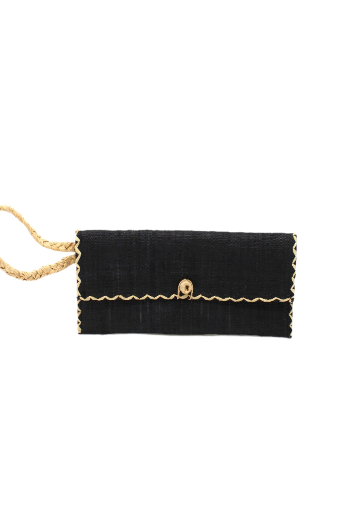 ChiChi Black Straw Clutch Bag handmade loomed raffia palm fiber wristlet in black color with natural straw color cross stitch edging, button & loop closure, and braided wrist strap - Shebobo