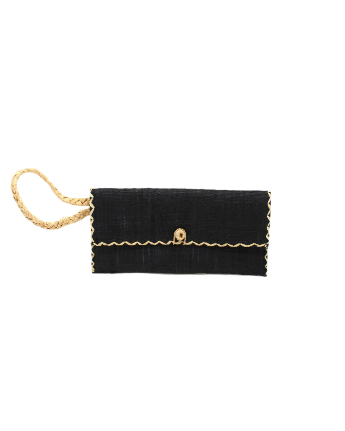 ChiChi Black Straw Clutch Bag handmade loomed raffia palm fiber wristlet in black color with natural straw color cross stitch edging, button & loop closure, and braided wrist strap - Shebobo