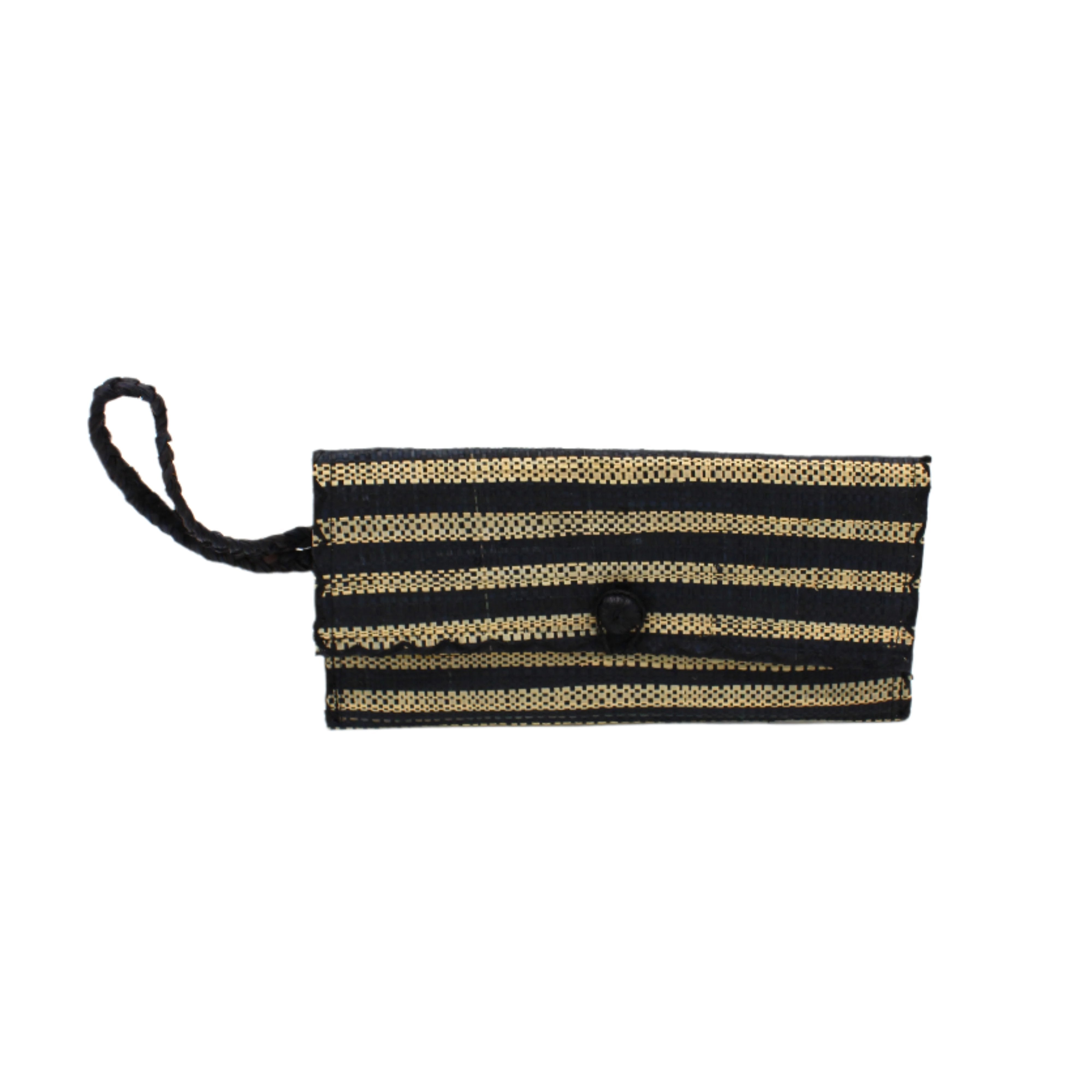 ChiChi Black Two Tone Stripe Multicolor Straw Clutch Bag handmade loomed raffia palm fiber wristlet in even-width bands of black and natural straw color that create a horizontal stripe pattern with matching color cross stitch edging, button & loop closure, and braided wrist strap - Shebobo