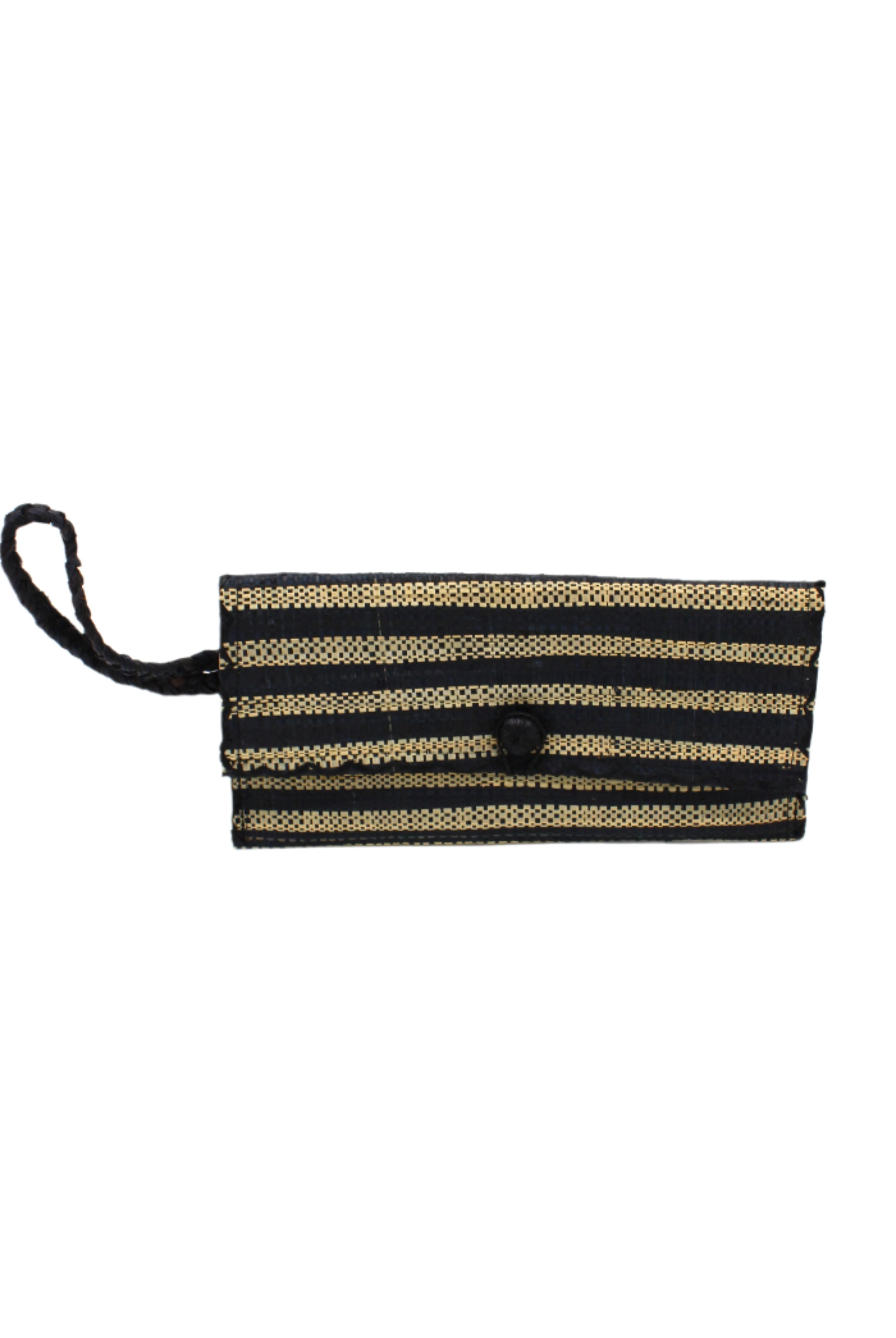 ChiChi Black Two Tone Stripe Multicolor Straw Clutch Bag handmade loomed raffia palm fiber wristlet in even-width bands of black and natural straw color that create a horizontal stripe pattern with matching color cross stitch edging, button & loop closure, and braided wrist strap - Shebobo