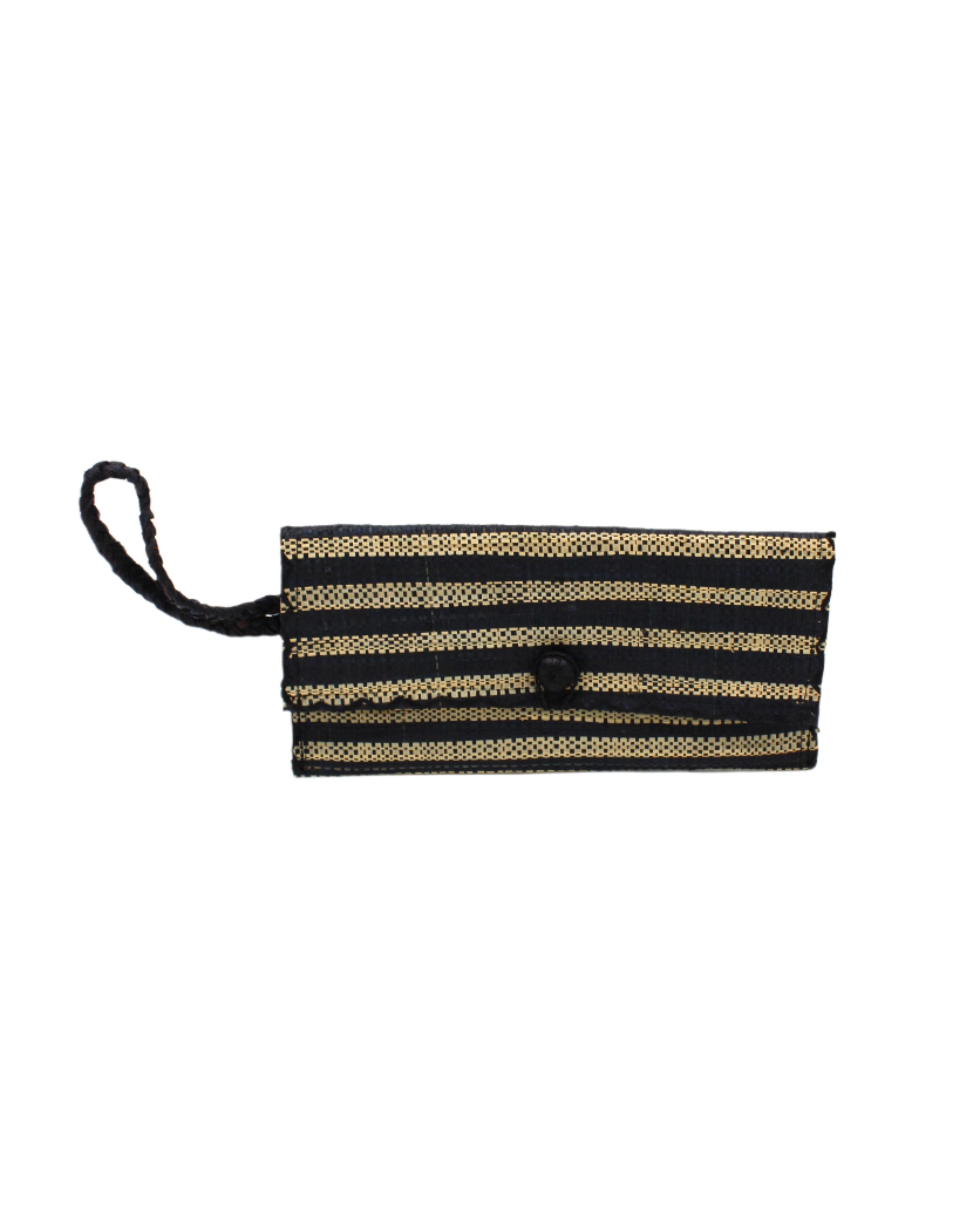 ChiChi Black Two Tone Stripe Multicolor Straw Clutch Bag handmade loomed raffia palm fiber wristlet in even-width bands of black and natural straw color that create a horizontal stripe pattern with matching color cross stitch edging, button & loop closure, and braided wrist strap - Shebobo