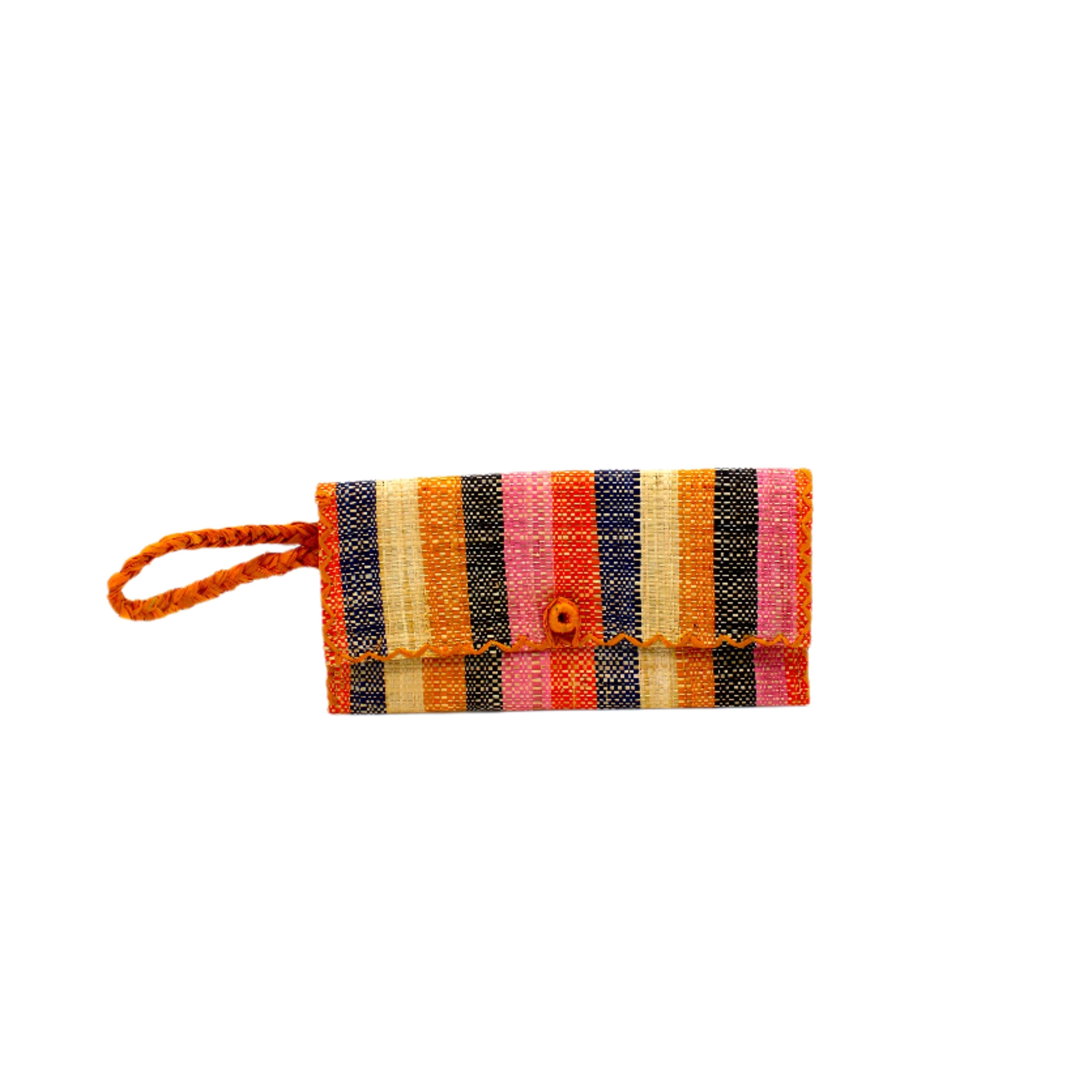 ChiChi Candyland Stripe Multicolor Straw Clutch Bag handmade loomed raffia palm fiber wristlet in even-width bands of orange, saffron yellow, pink, black, navy blue, and natural straw color that create a vertical stripe pattern with orange color cross stitch edging, button & loop closure, and braided wrist strap - Shebobo