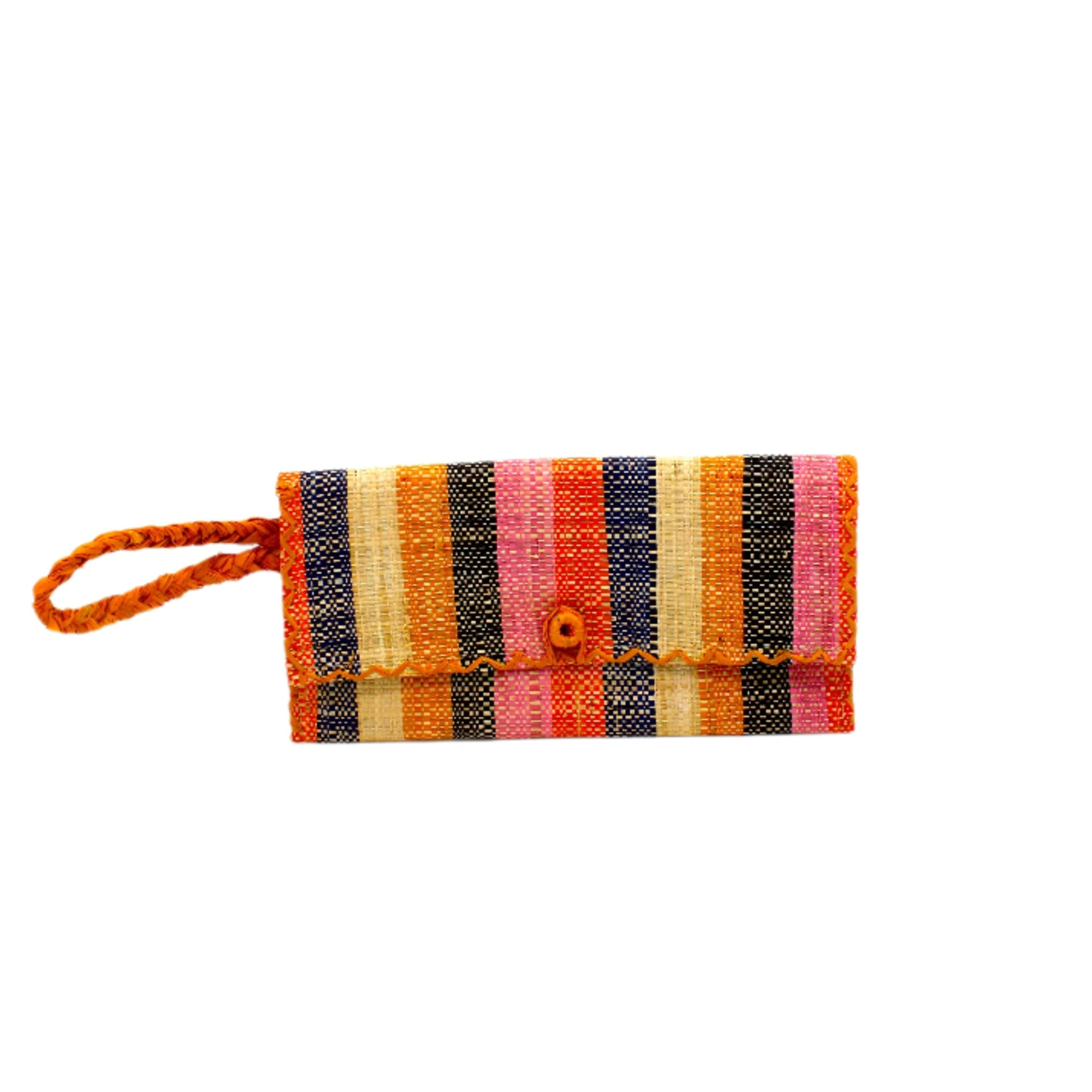 ChiChi Candyland Stripe Multicolor Straw Clutch Bag handmade loomed raffia palm fiber wristlet in even-width bands of orange, saffron yellow, pink, black, navy blue, and natural straw color that create a vertical stripe pattern with orange color cross stitch edging, button & loop closure, and braided wrist strap - Shebobo
