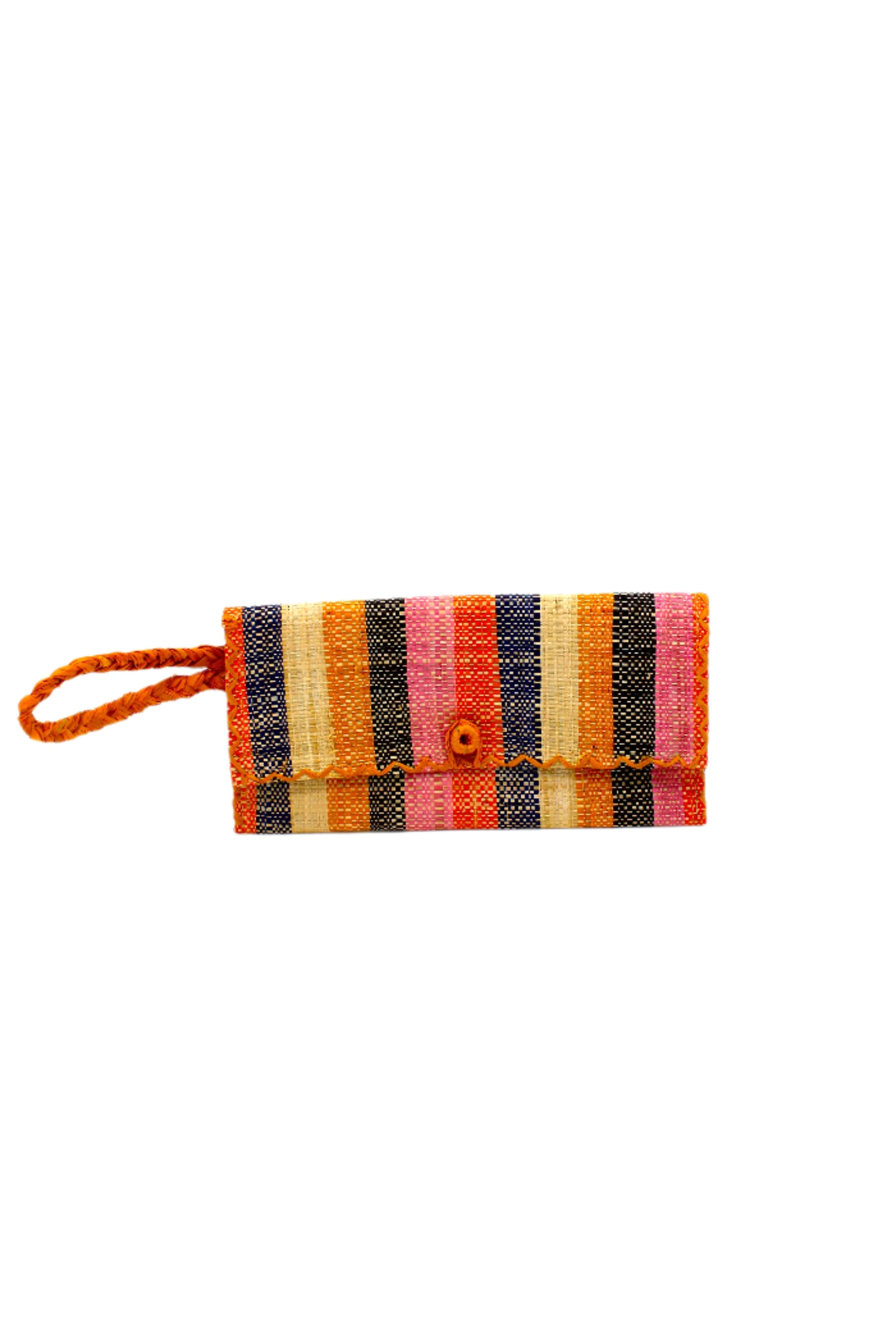 ChiChi Candyland Stripe Multicolor Straw Clutch Bag handmade loomed raffia palm fiber wristlet in even-width bands of orange, saffron yellow, pink, black, navy blue, and natural straw color that create a vertical stripe pattern with orange color cross stitch edging, button & loop closure, and braided wrist strap - Shebobo