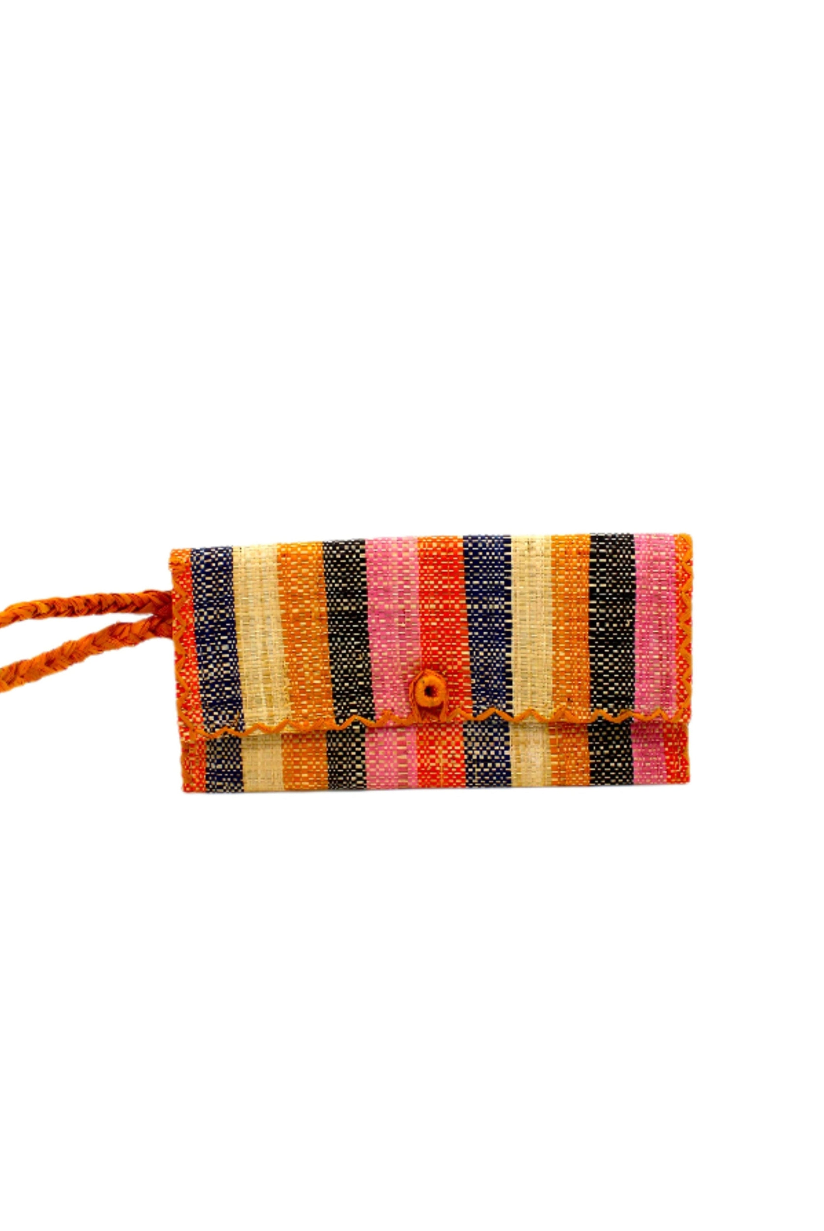 ChiChi Candyland Stripe Multicolor Straw Clutch Bag handmade loomed raffia palm fiber wristlet in even-width bands of orange, saffron yellow, pink, black, navy blue, and natural straw color that create a vertical stripe pattern with orange color cross stitch edging, button & loop closure, and braided wrist strap - Shebobo
