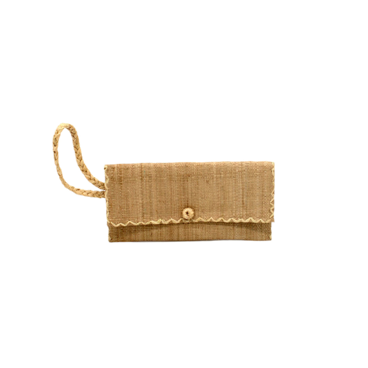 ChiChi Cappuccino Straw Clutch Bag handmade loomed raffia palm fiber wristlet in cappuccino light/brown/beige color with natural straw color cross stitch edging, button & loop closure, and braided wrist strap - Shebobo