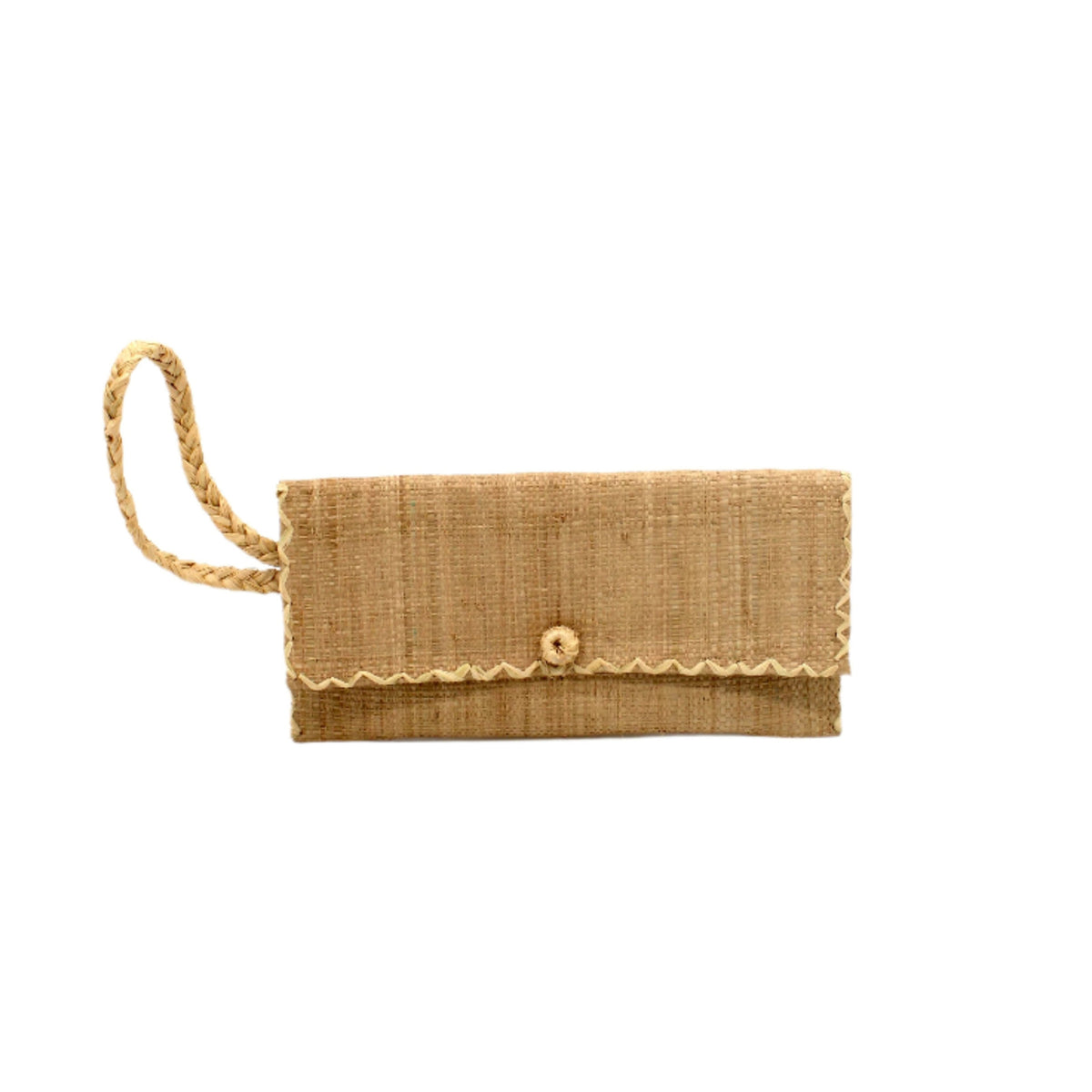ChiChi Cappuccino Straw Clutch Bag handmade loomed raffia palm fiber wristlet in cappuccino light/brown/beige color with natural straw color cross stitch edging, button & loop closure, and braided wrist strap - Shebobo