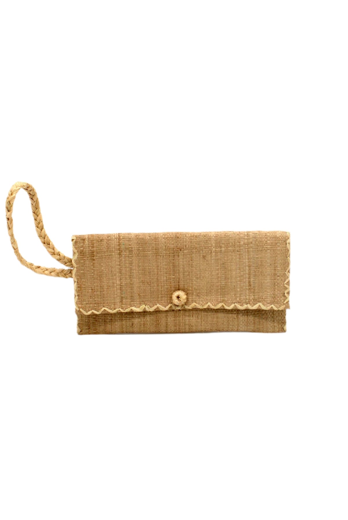 ChiChi Cappuccino Straw Clutch Bag handmade loomed raffia palm fiber wristlet in cappuccino light/brown/beige color with natural straw color cross stitch edging, button & loop closure, and braided wrist strap - Shebobo