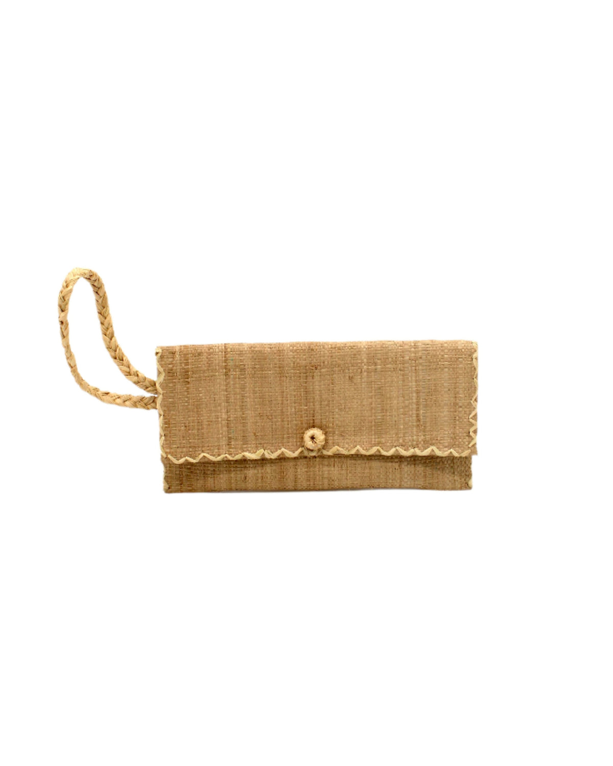 ChiChi Cappuccino Straw Clutch Bag handmade loomed raffia palm fiber wristlet in cappuccino light/brown/beige color with natural straw color cross stitch edging, button & loop closure, and braided wrist strap - Shebobo